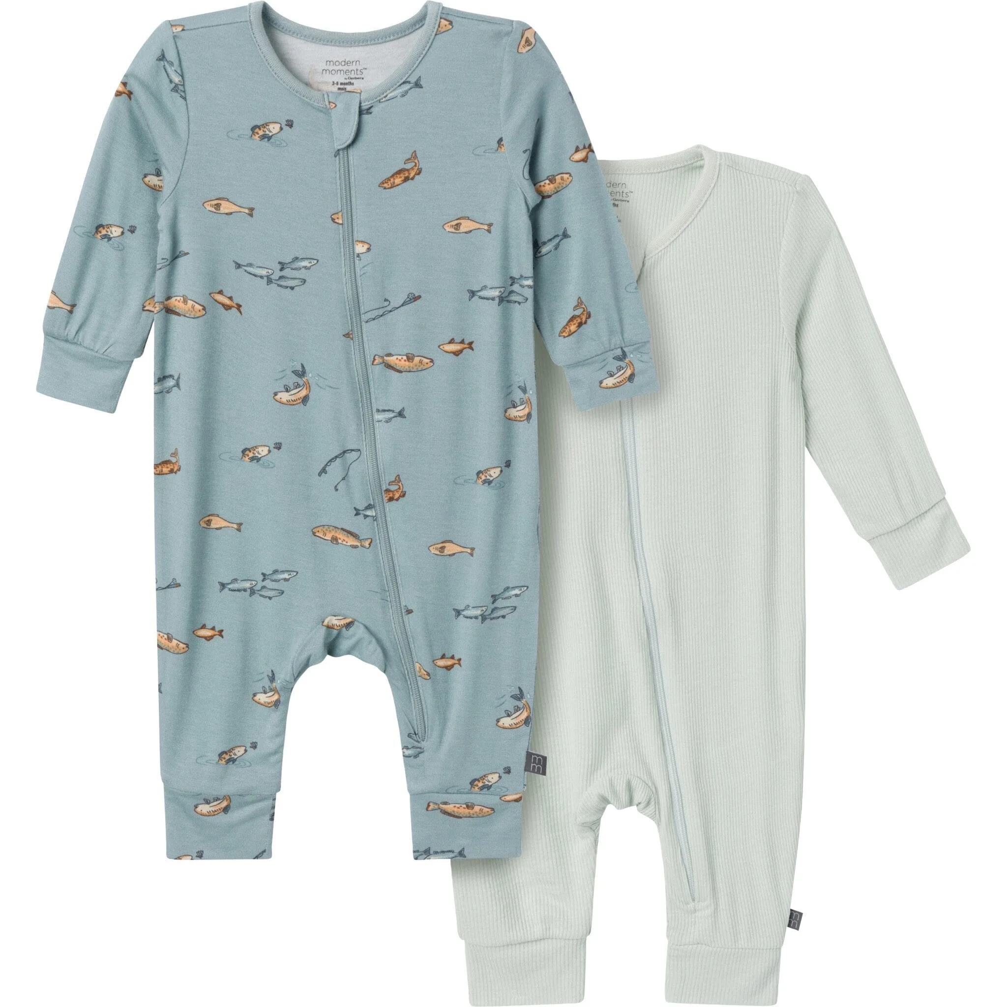 2-Pack Baby Boys Teal Fishing Zip Front Rompers Gerber Childrenswea