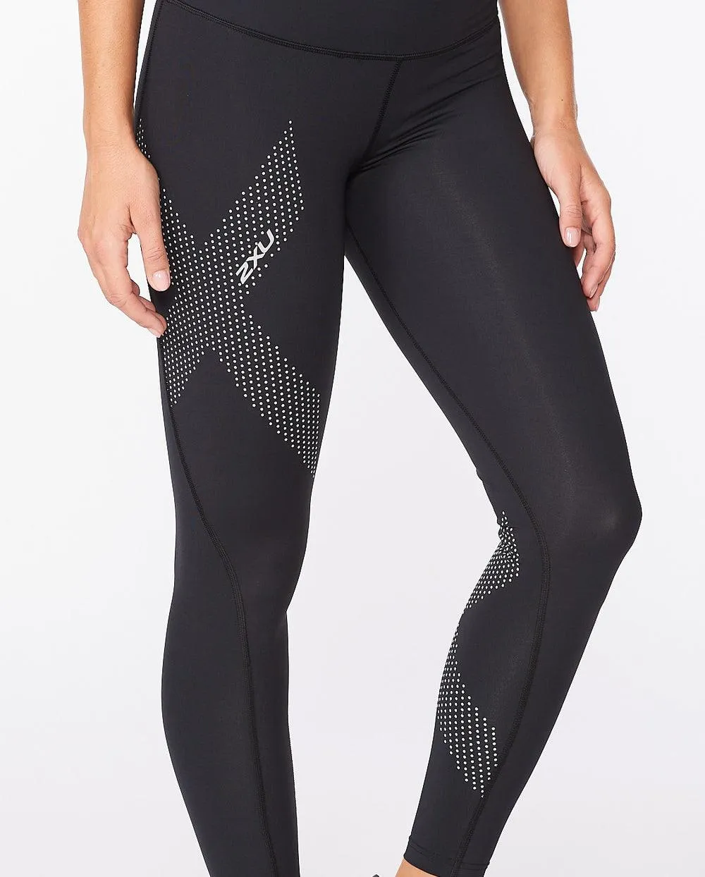 2XU Motion Mid Rise Women's Compression Tights (Black/Dotted Reflective Logo)