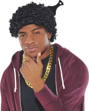 90s Curly Black Wig with Comb Set