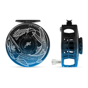Abel Custom SDS Solid 7/8 Fly Reel - Black Blue Fade Finish & Drag Knob/De Young Missile Lock Engrave/Platinum Handle