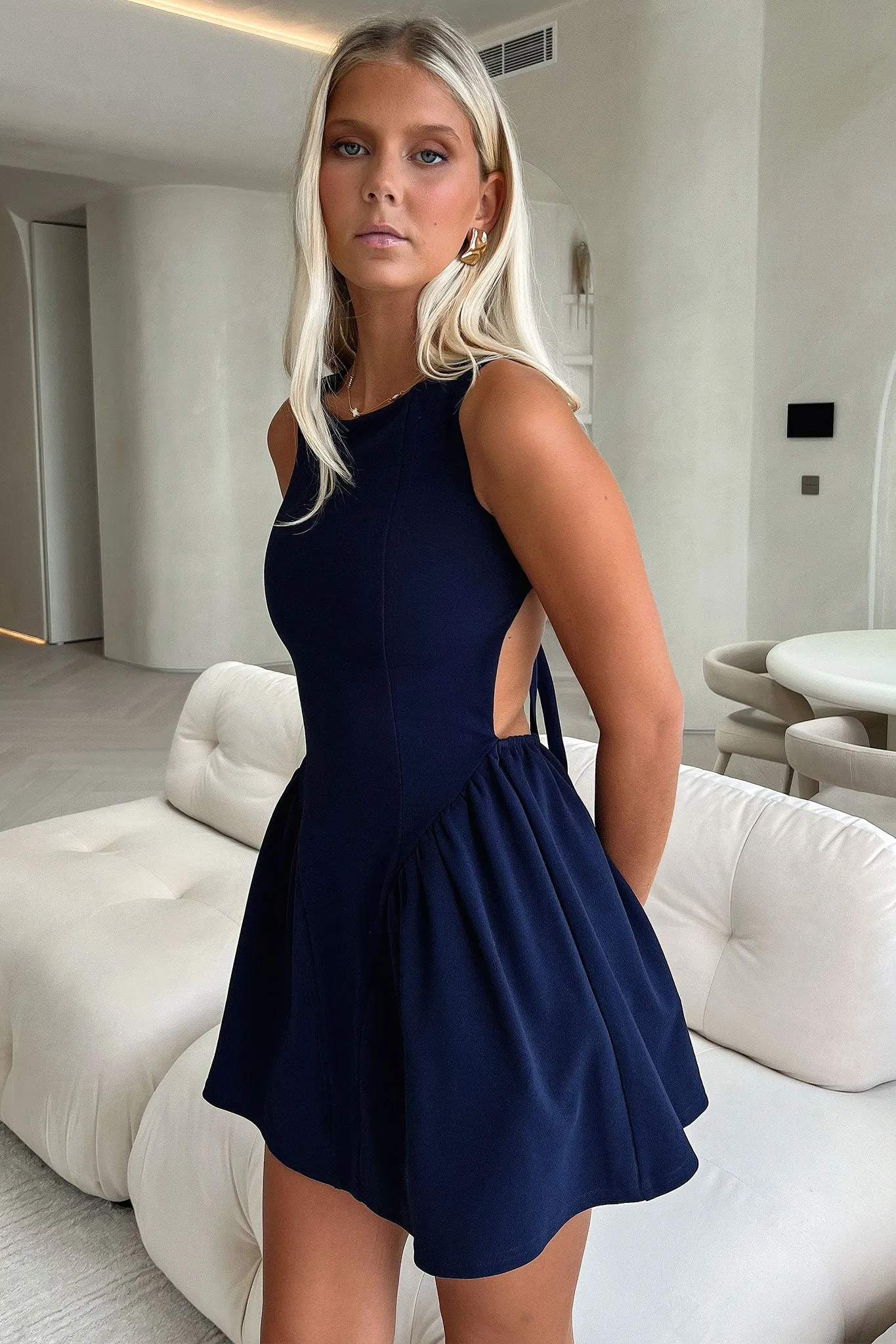 Adeline Lace up Back Mini Dress - Navy