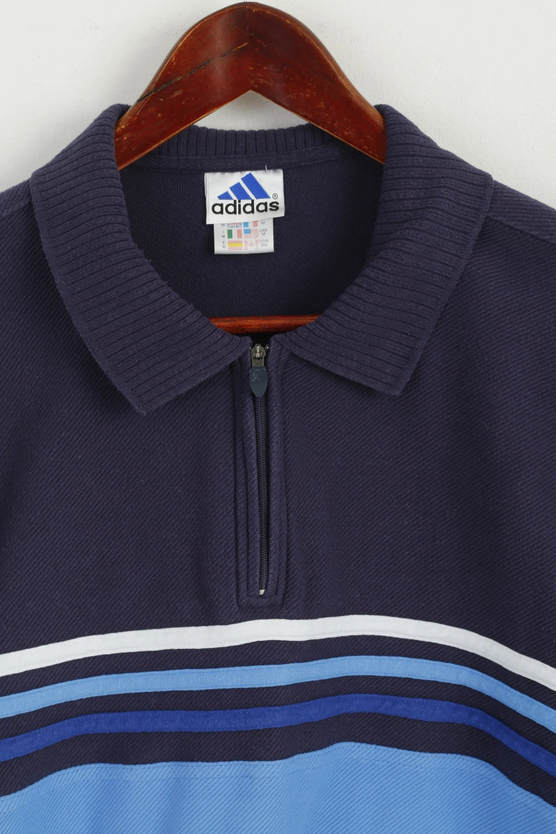 Adidas Men M Polo Shirt Navy Blue Cotton Vintage 00' Zip Neck Sportswear Top