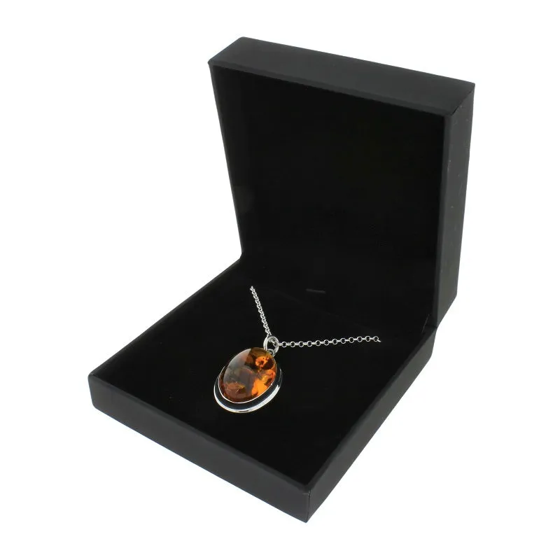 Amber Sterling Silver Oval Pendant & Chain