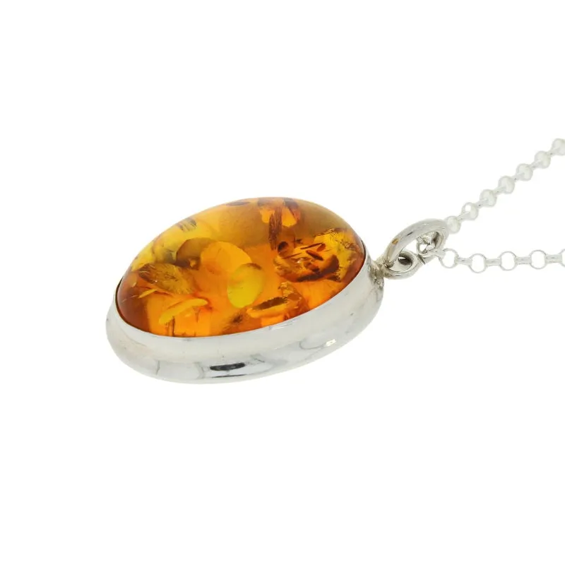 Amber Sterling Silver Oval Pendant & Chain