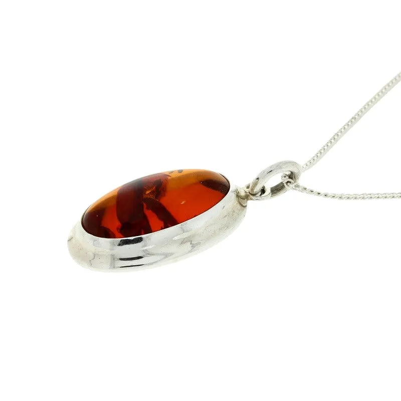 Amber Sterling Silver Oval Pendant & Chain
