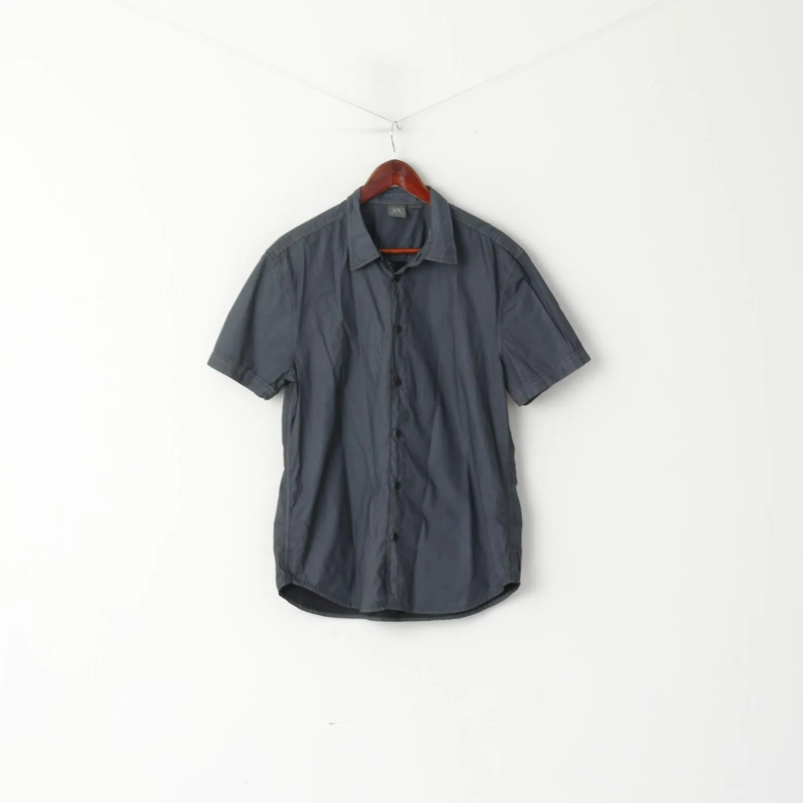 Armani Exchange Men L Casual Shirt Graphite Cotton Detailed BUtton Short Sleeve Top