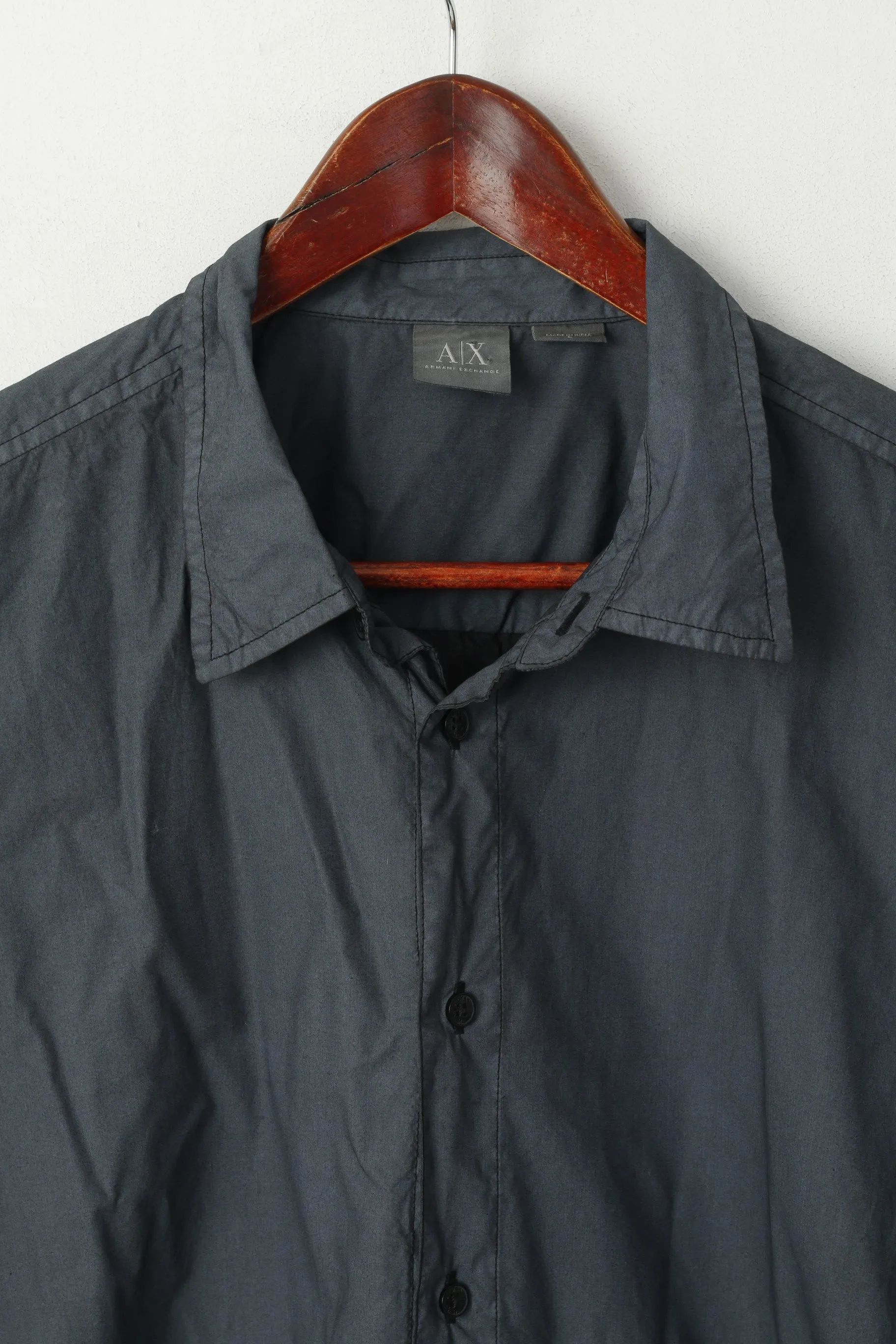 Armani Exchange Men L Casual Shirt Graphite Cotton Detailed BUtton Short Sleeve Top