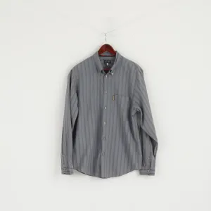 Armani Jeans Men XL (L) Casual Shirt Grey Blue Striped Cotton Long Sleeve Top