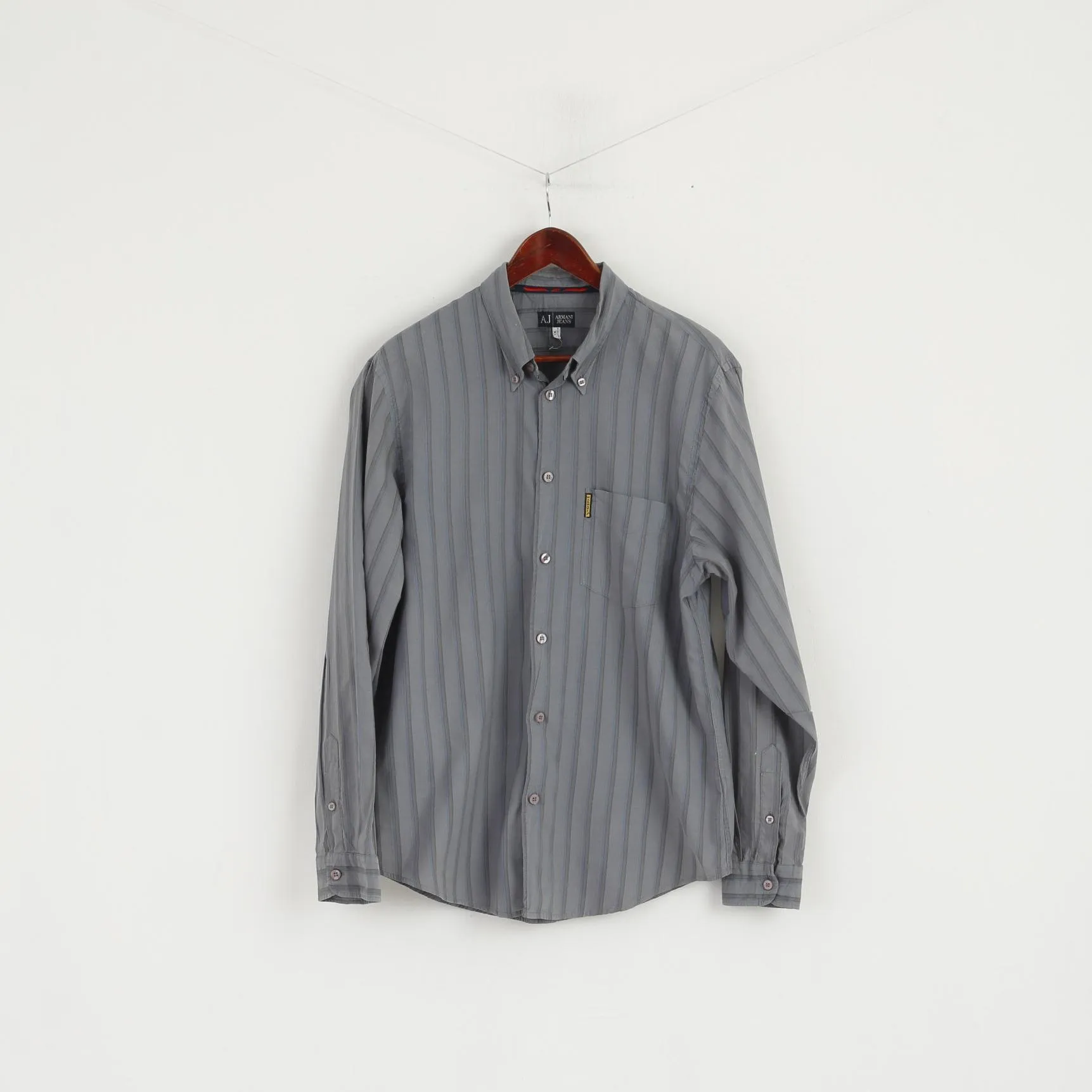 Armani Jeans Men XL (L) Casual Shirt Grey Blue Striped Cotton Long Sleeve Top