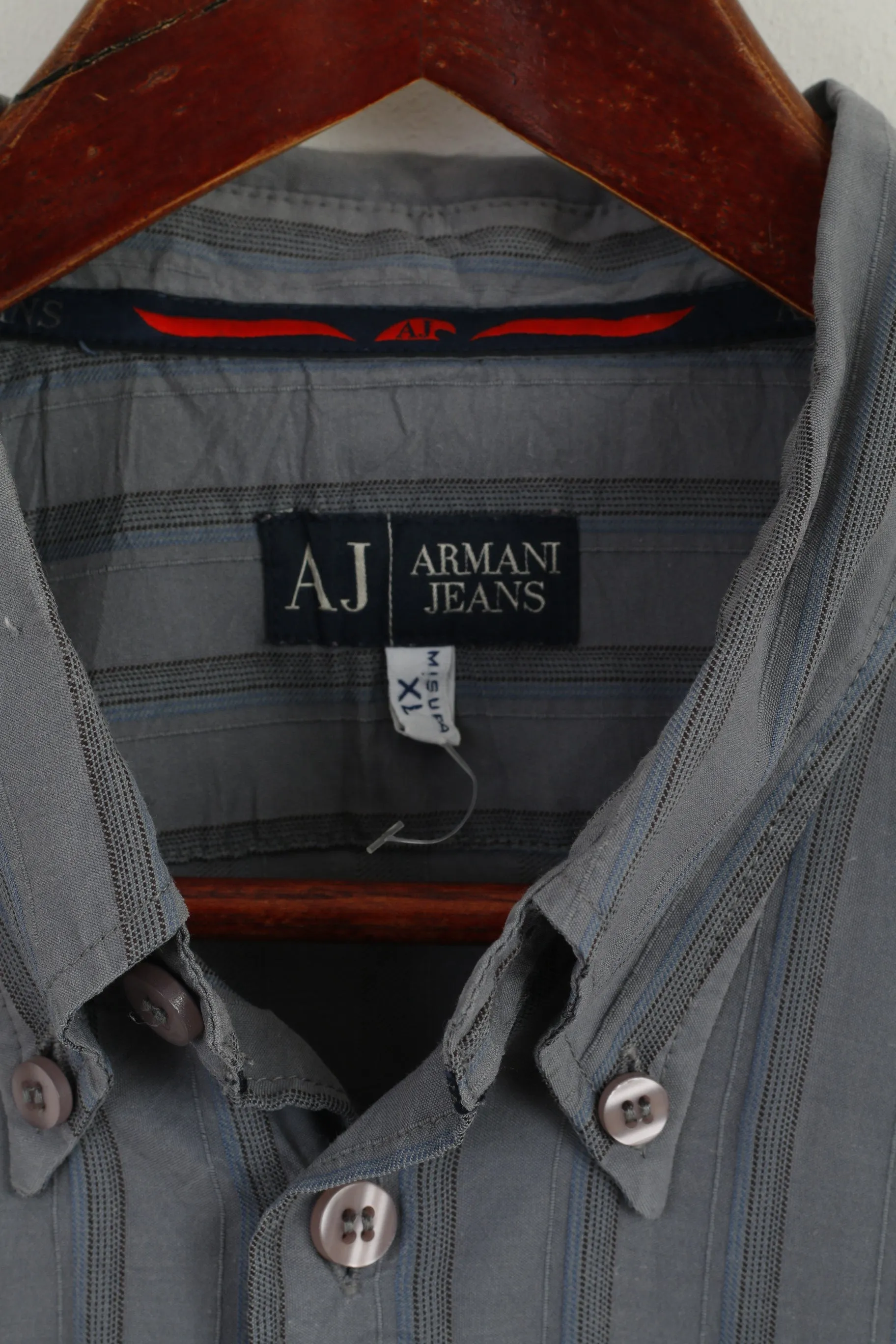 Armani Jeans Men XL (L) Casual Shirt Grey Blue Striped Cotton Long Sleeve Top