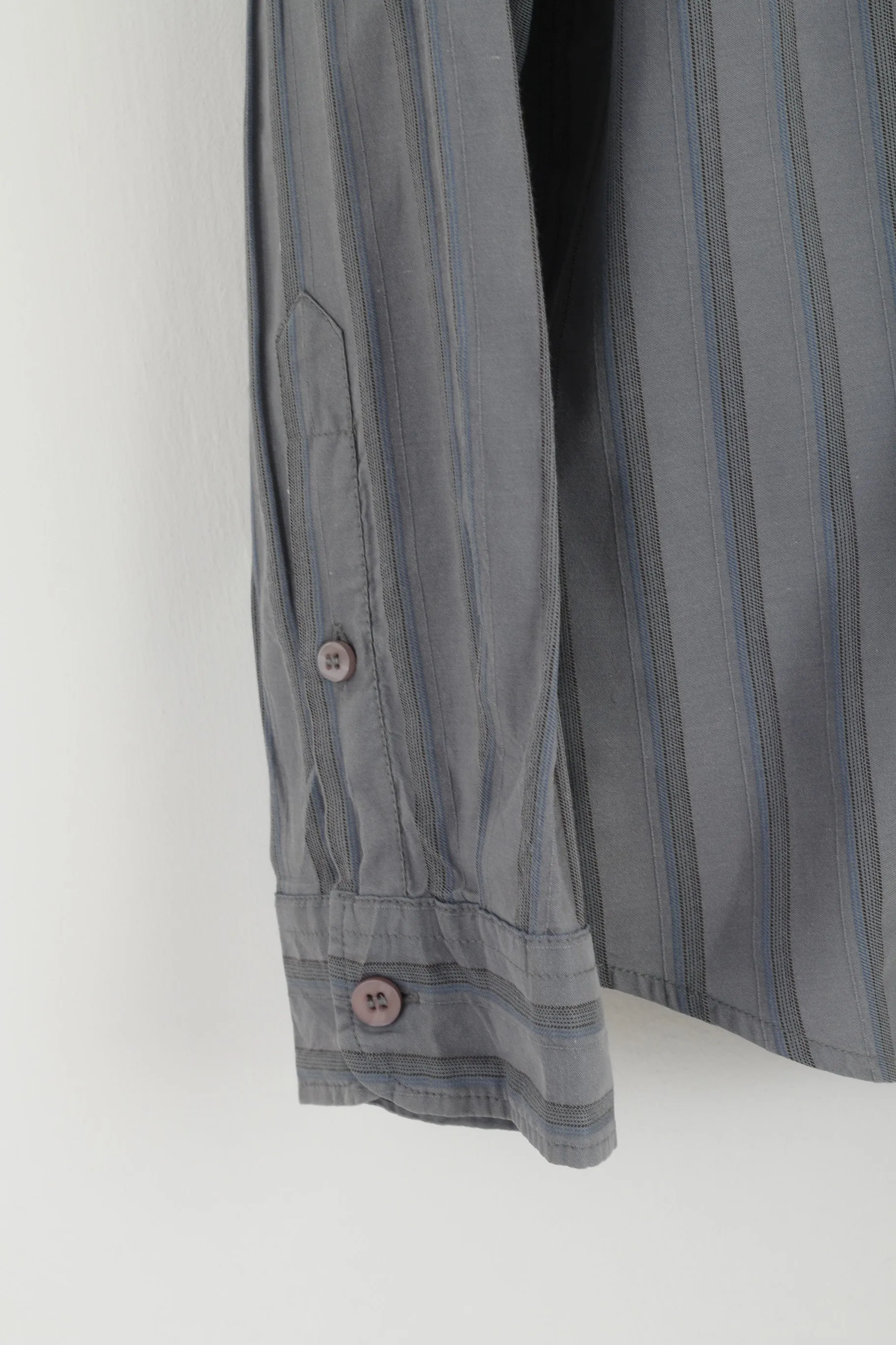 Armani Jeans Men XL (L) Casual Shirt Grey Blue Striped Cotton Long Sleeve Top