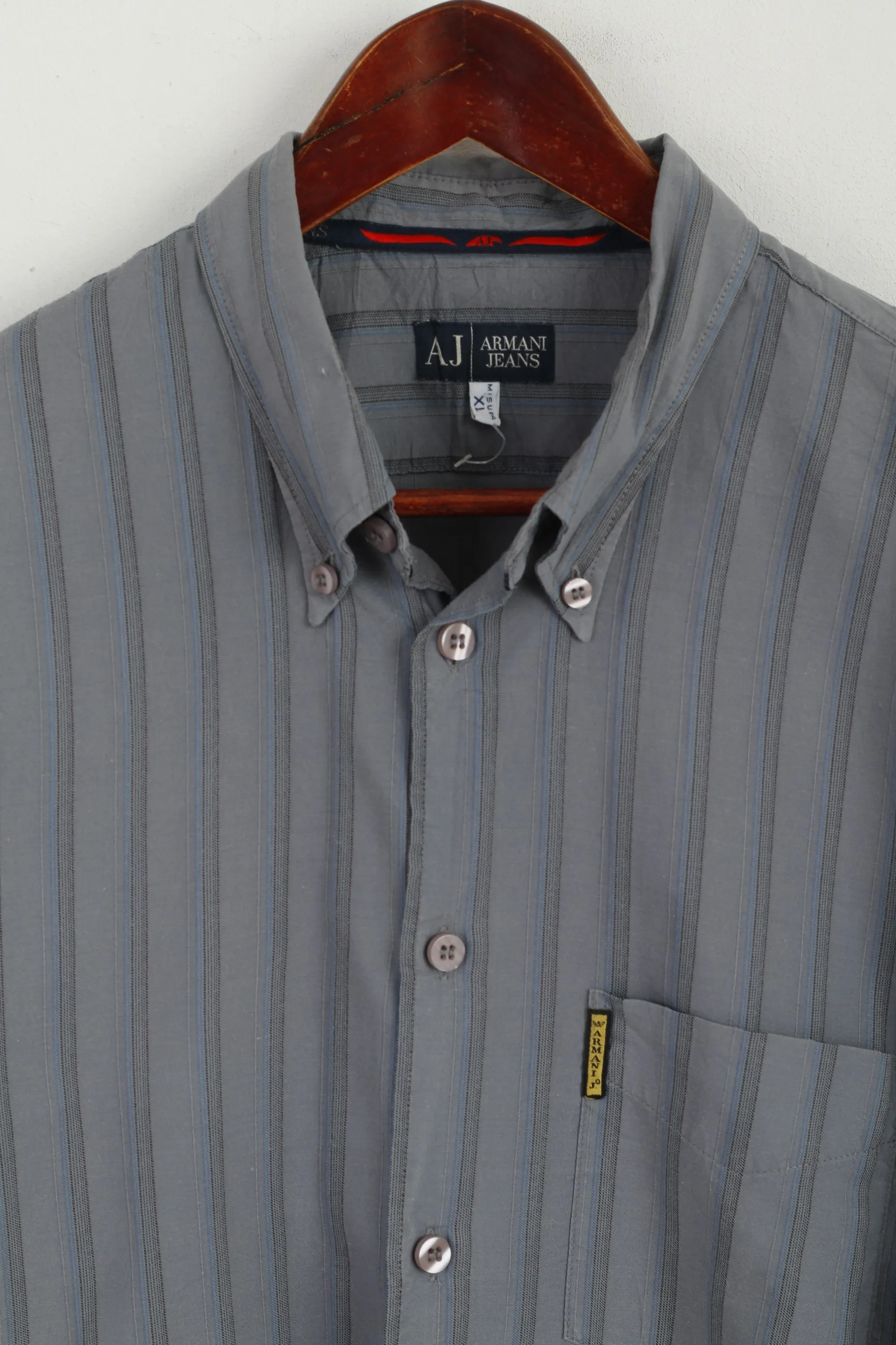 Armani Jeans Men XL (L) Casual Shirt Grey Blue Striped Cotton Long Sleeve Top
