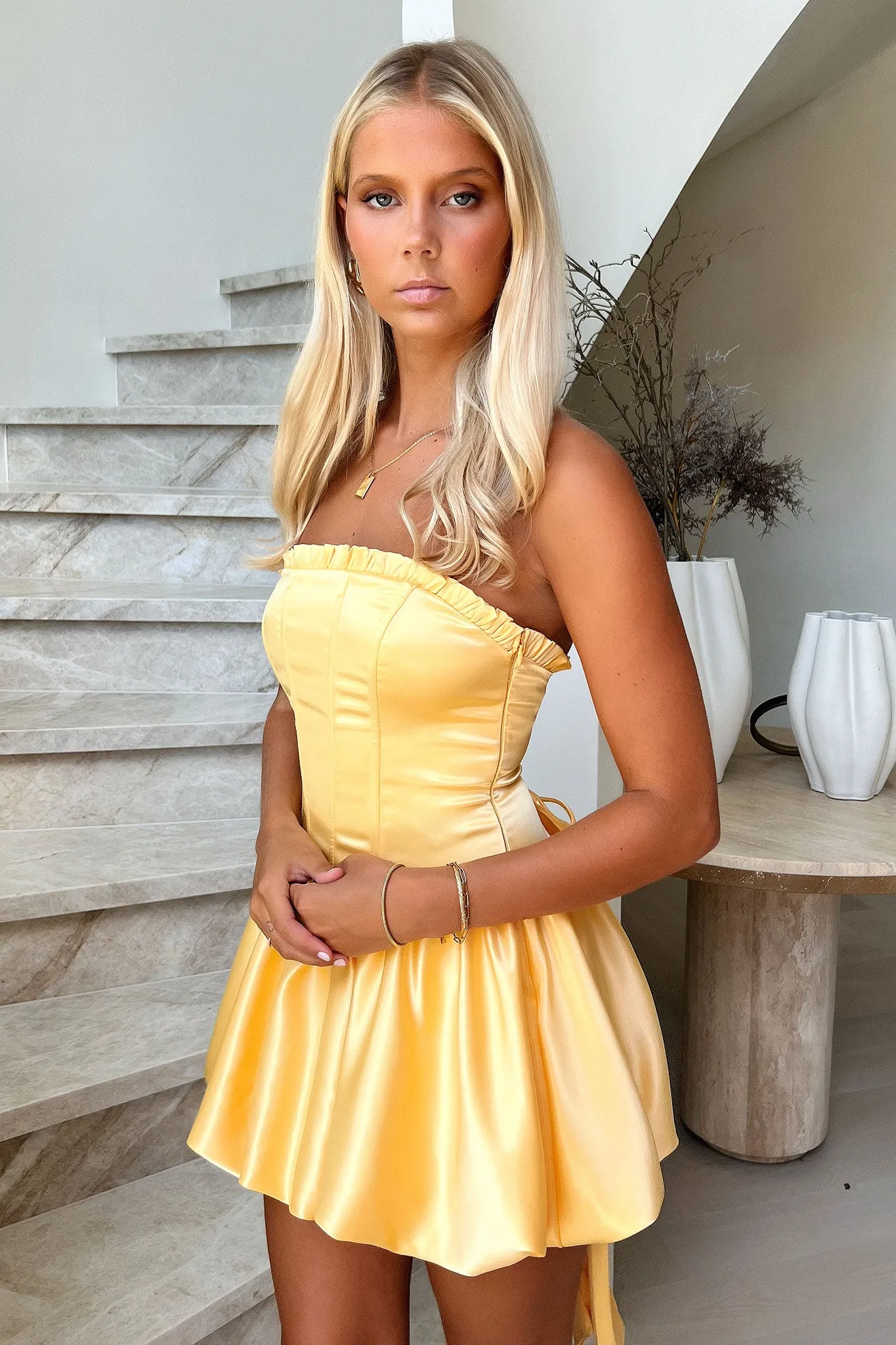 Beauty Strapless Satin Dress - Yellow