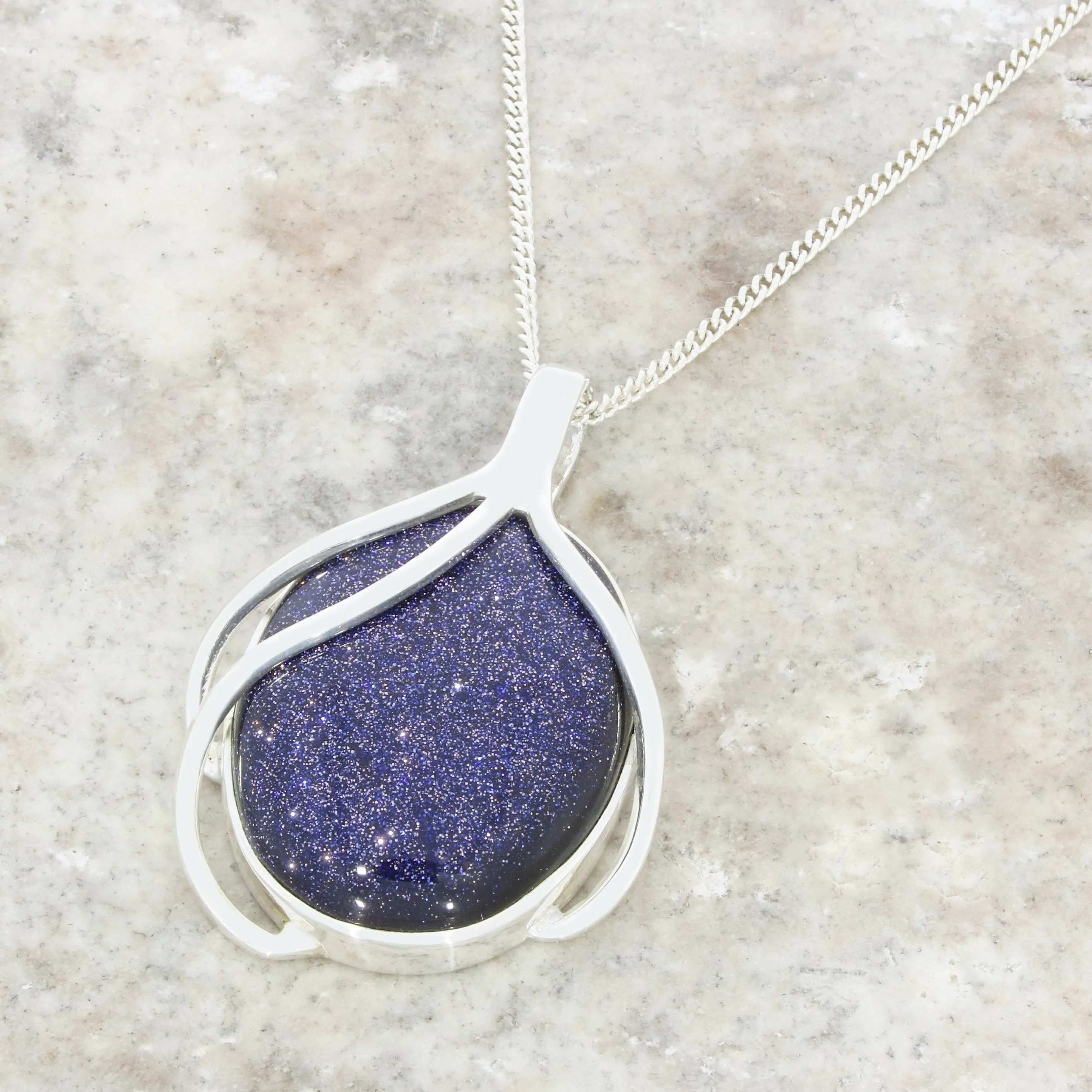 Blue Goldstone Sterling Silver Oval Pendant & Chain