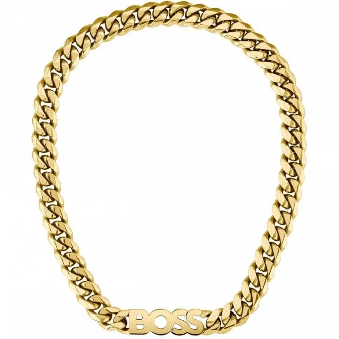 BOSS Jewellery Mens Kassy Gold Plated Stainless Steel Logo Necklace 1580442