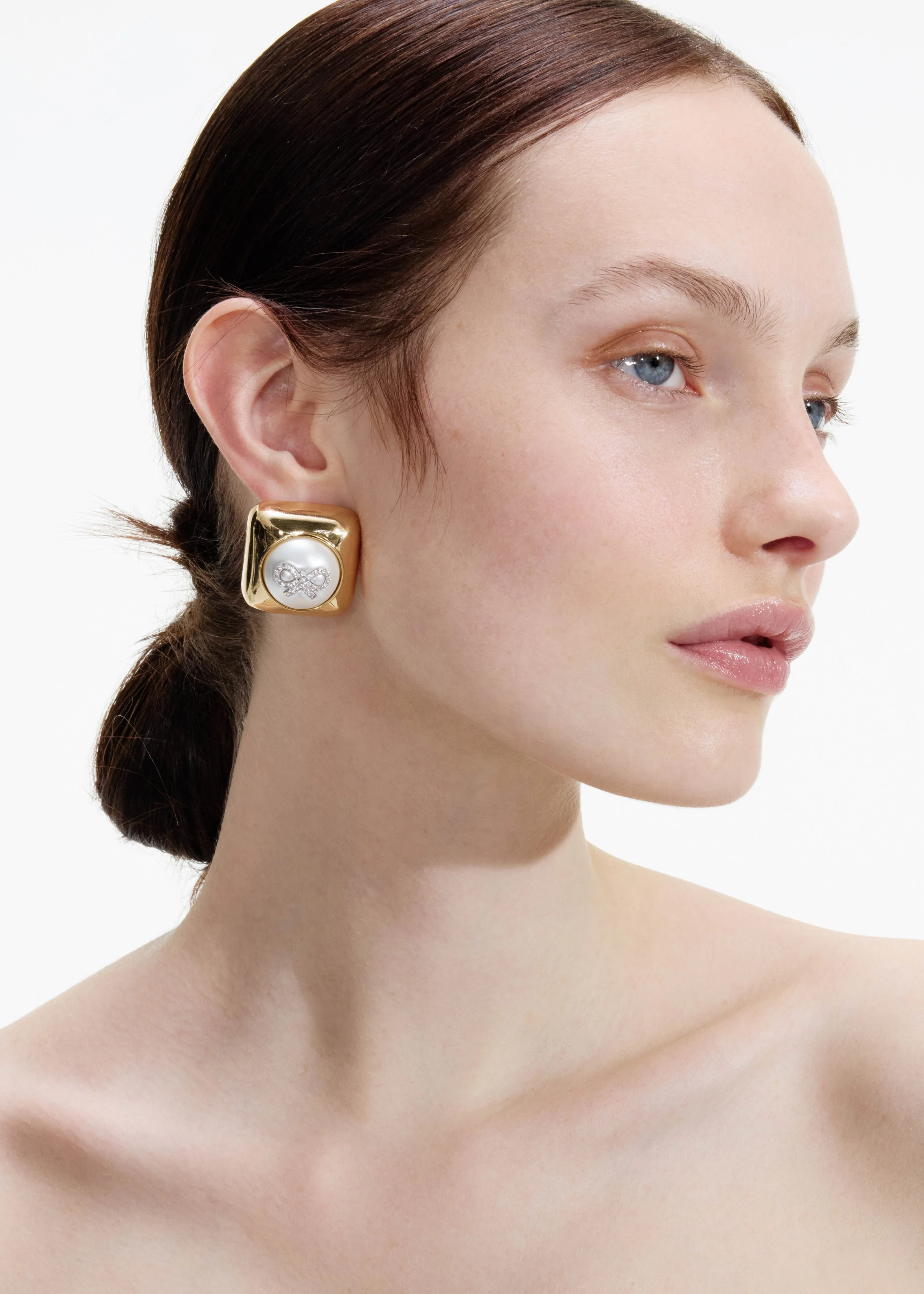 Bow Pearl Gold Square Earrings Self Portrait