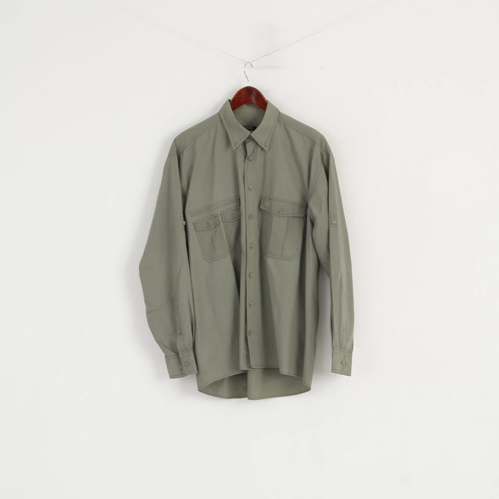 Camel Acitve Men M Casual Shirt Cotton Green Army Pockets Outdoor Long Sleeve Top