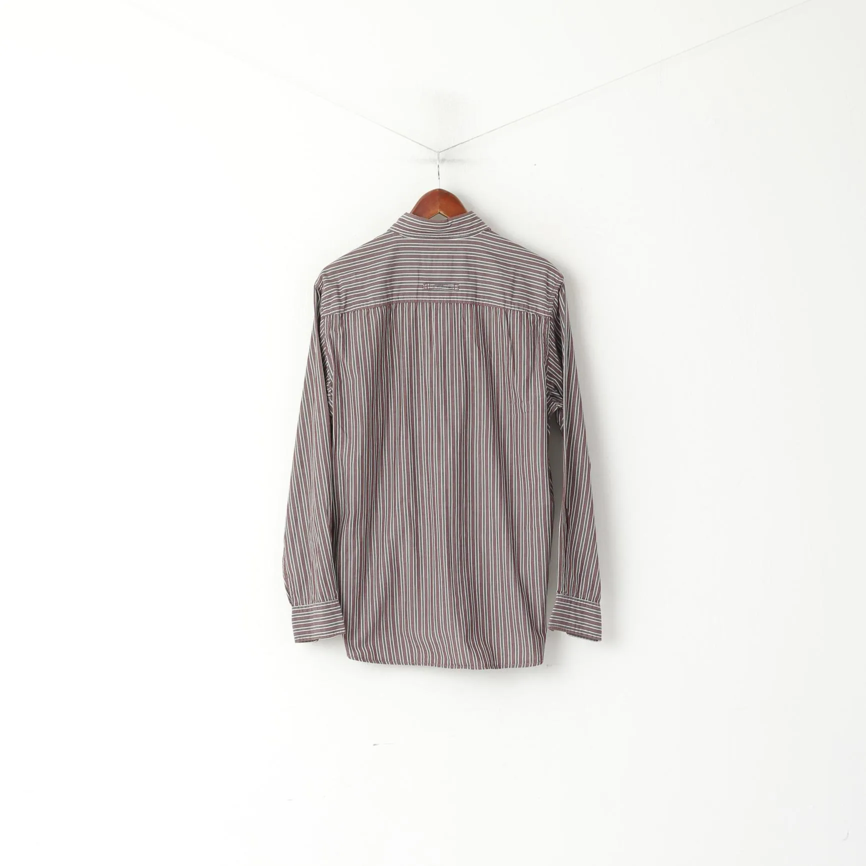 Camel Active Men M Casual Shirt Brown Grey Striped Cotton Long Sleeve Top