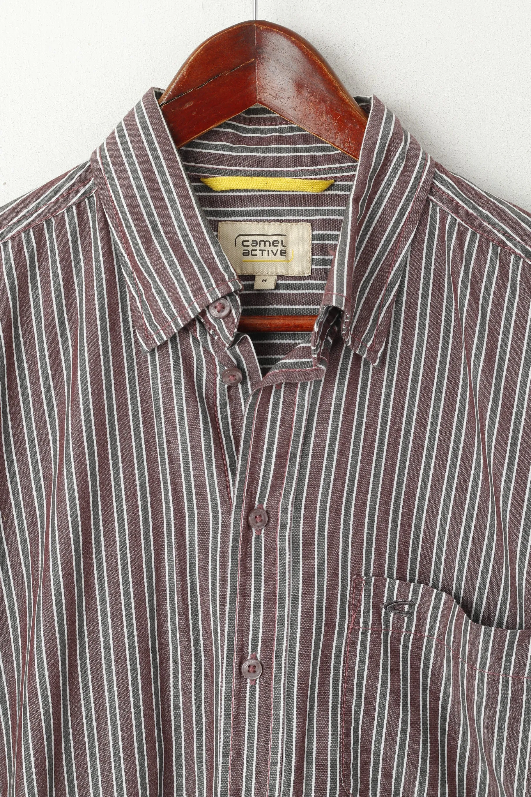 Camel Active Men M Casual Shirt Brown Grey Striped Cotton Long Sleeve Top