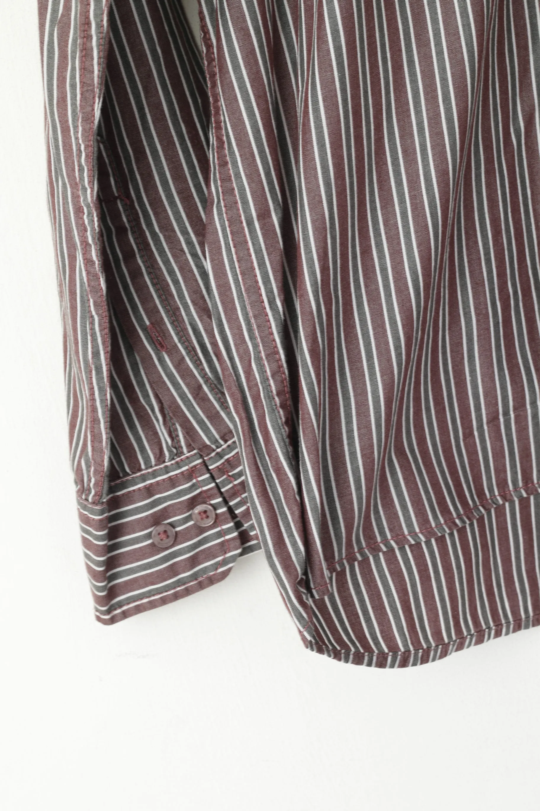 Camel Active Men M Casual Shirt Brown Grey Striped Cotton Long Sleeve Top