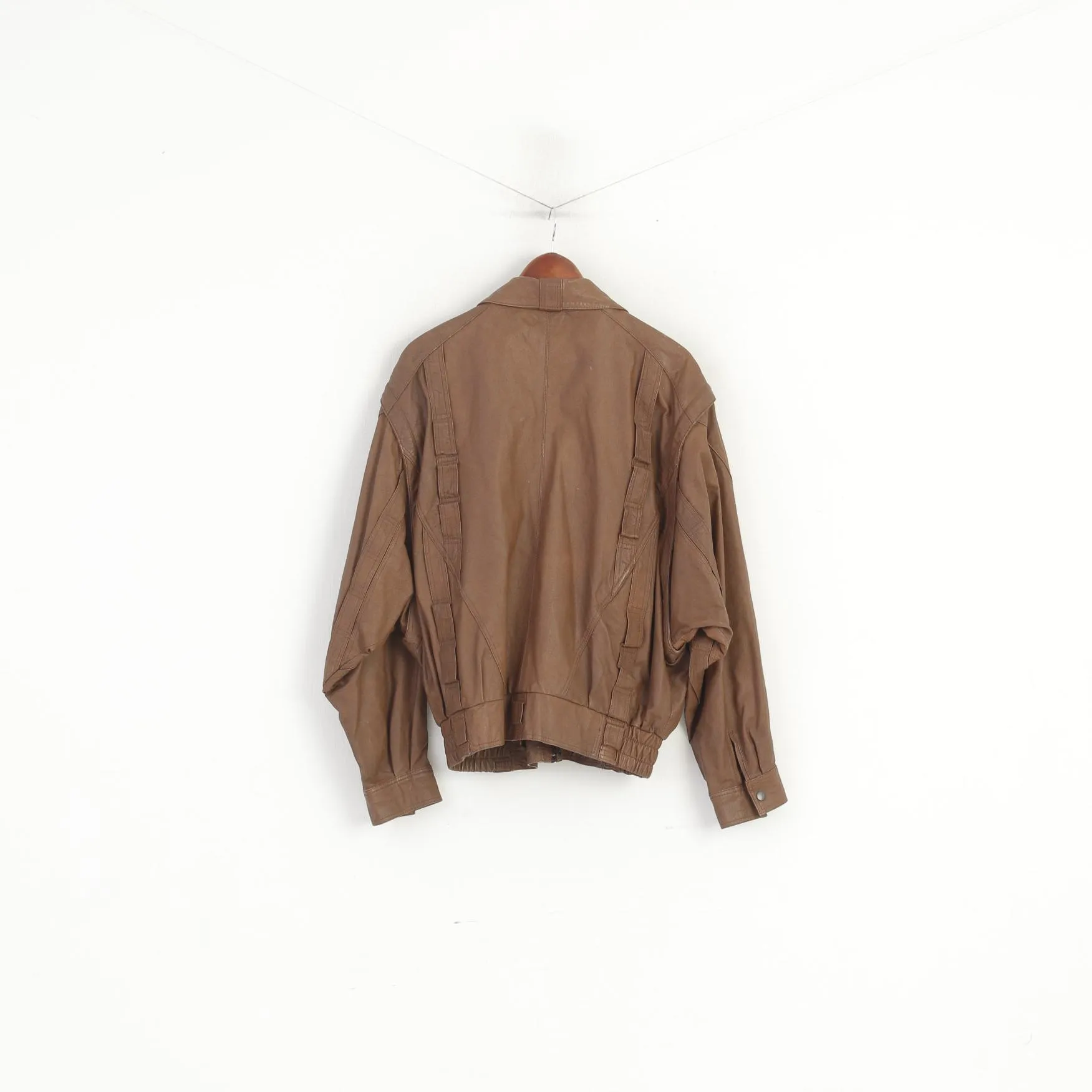 C&A Men 52 L Bomber Jacket Brown Leather Vintage Removable Sleeve Biker Top
