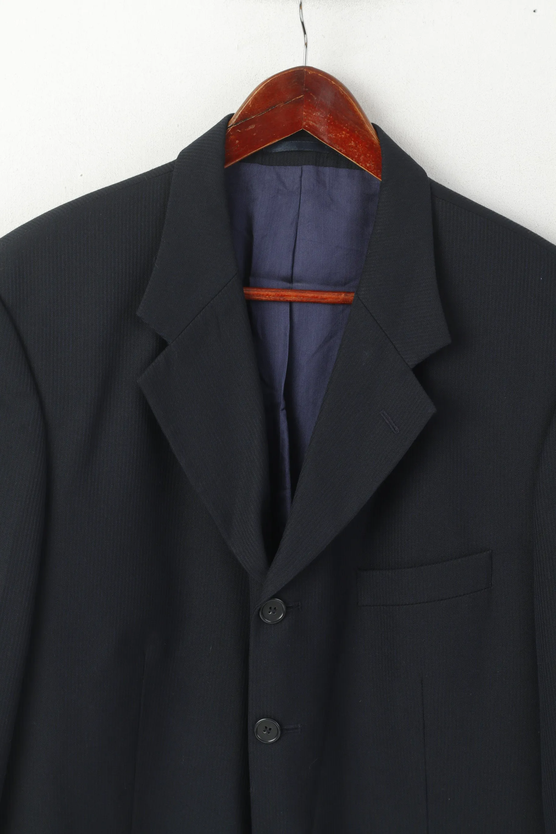 Charlton Gray Men 42 Short Blazer Navy Striped Wool Single Beatsed Jacket