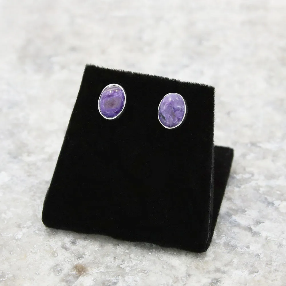 Charoite Sterling Silver Oval Stud Earrings