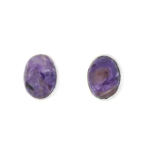 Charoite Sterling Silver Oval Stud Earrings