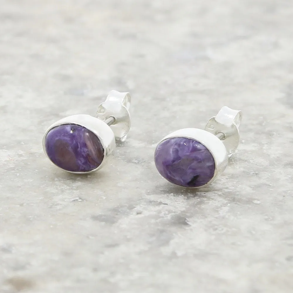 Charoite Sterling Silver Oval Stud Earrings