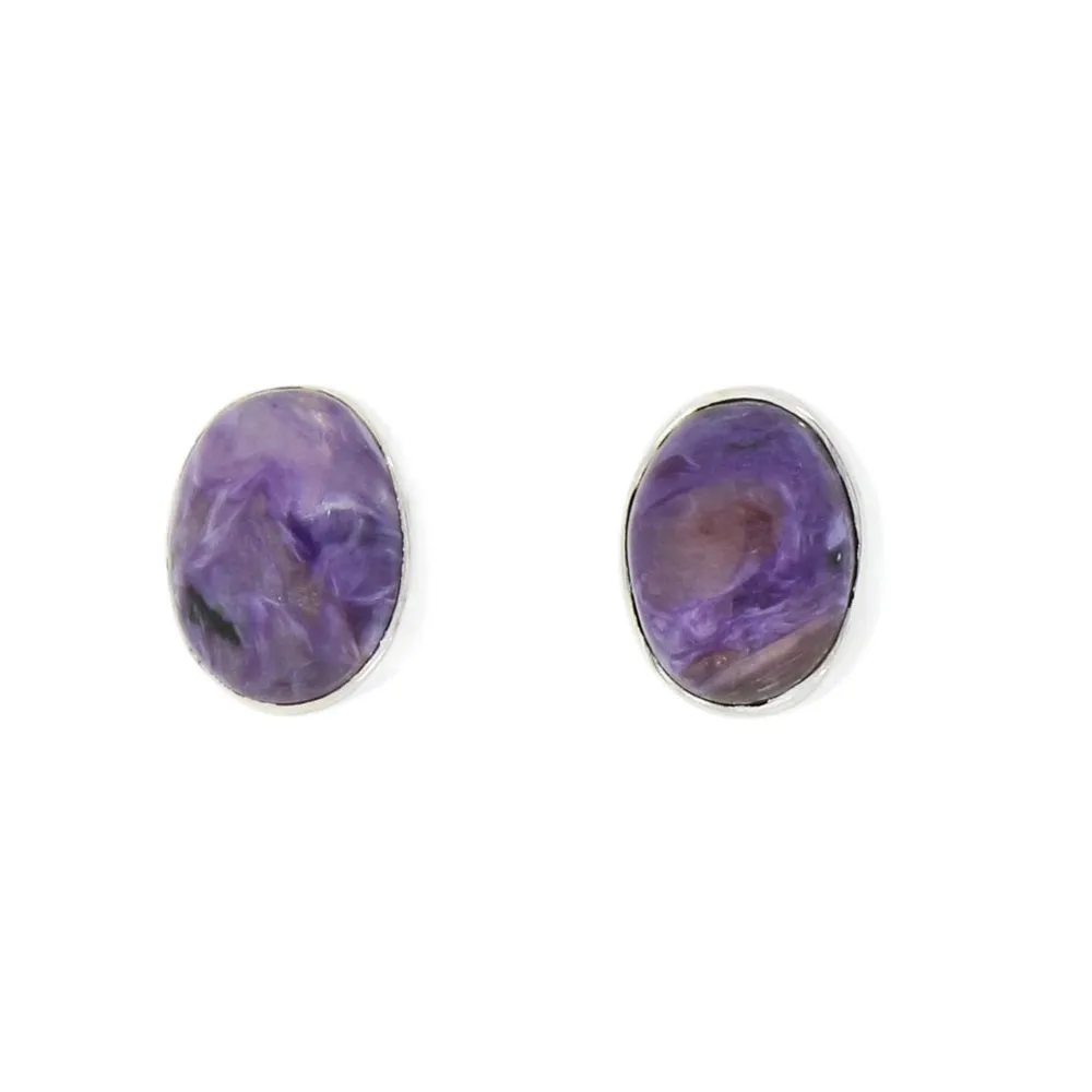 Charoite Sterling Silver Oval Stud Earrings