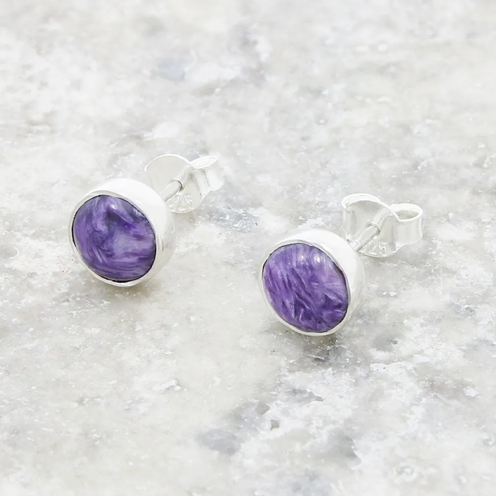 Charoite Sterling Silver Round Stud Earrings