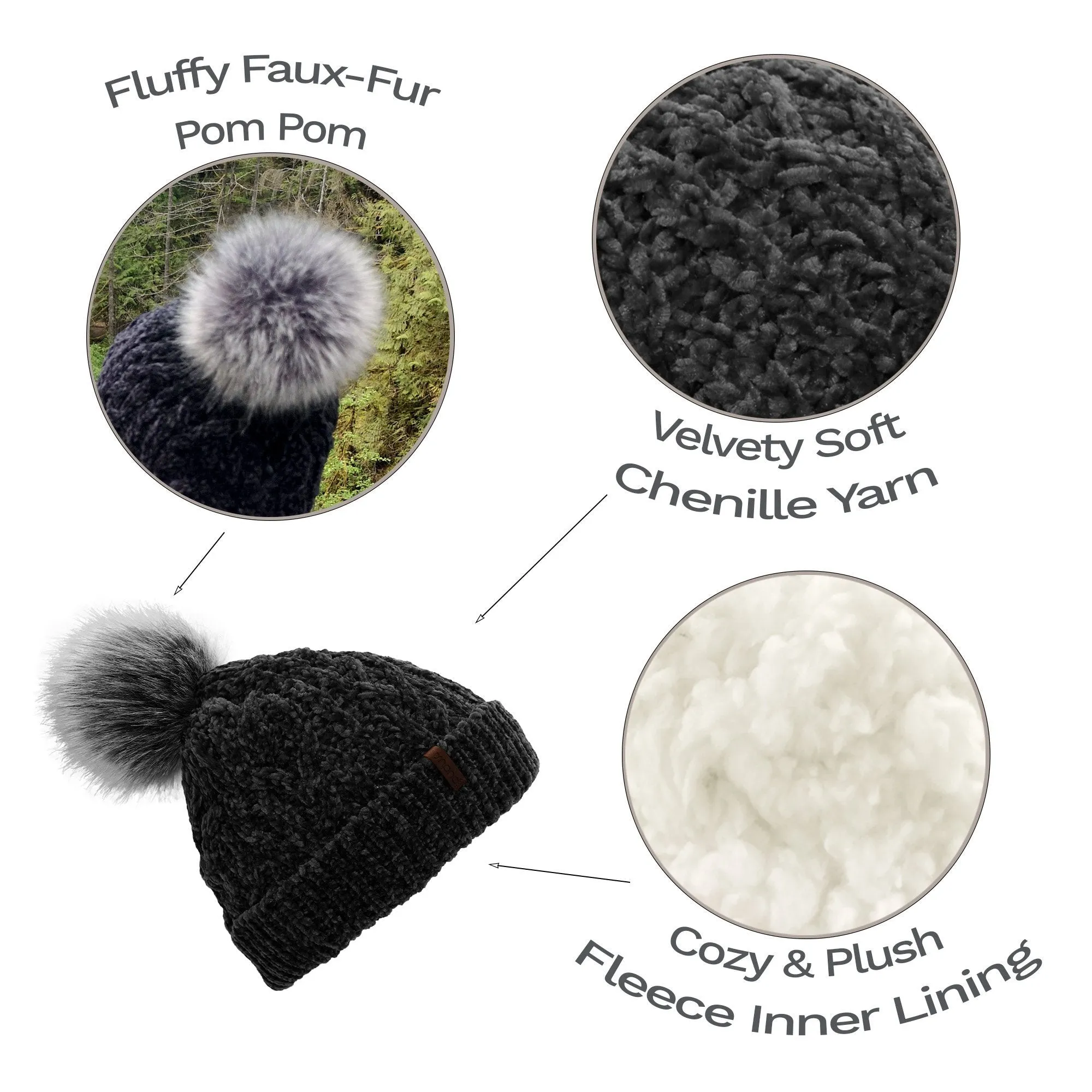 Chenille Pom Pom Hat - Black
