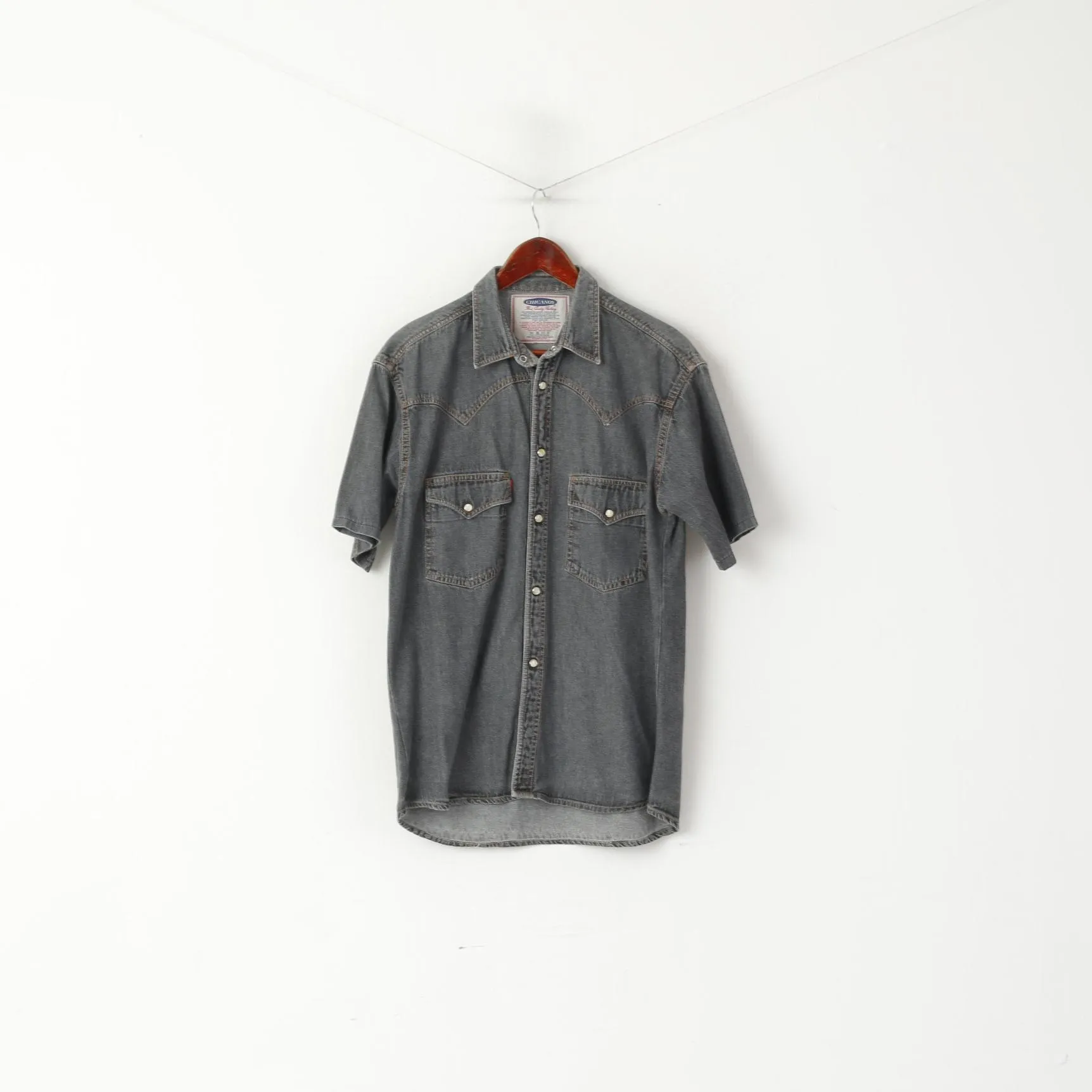 Chicanos Men M Casual Shirt Grey Denim Jeans Vintage Snap Western Cotton Top