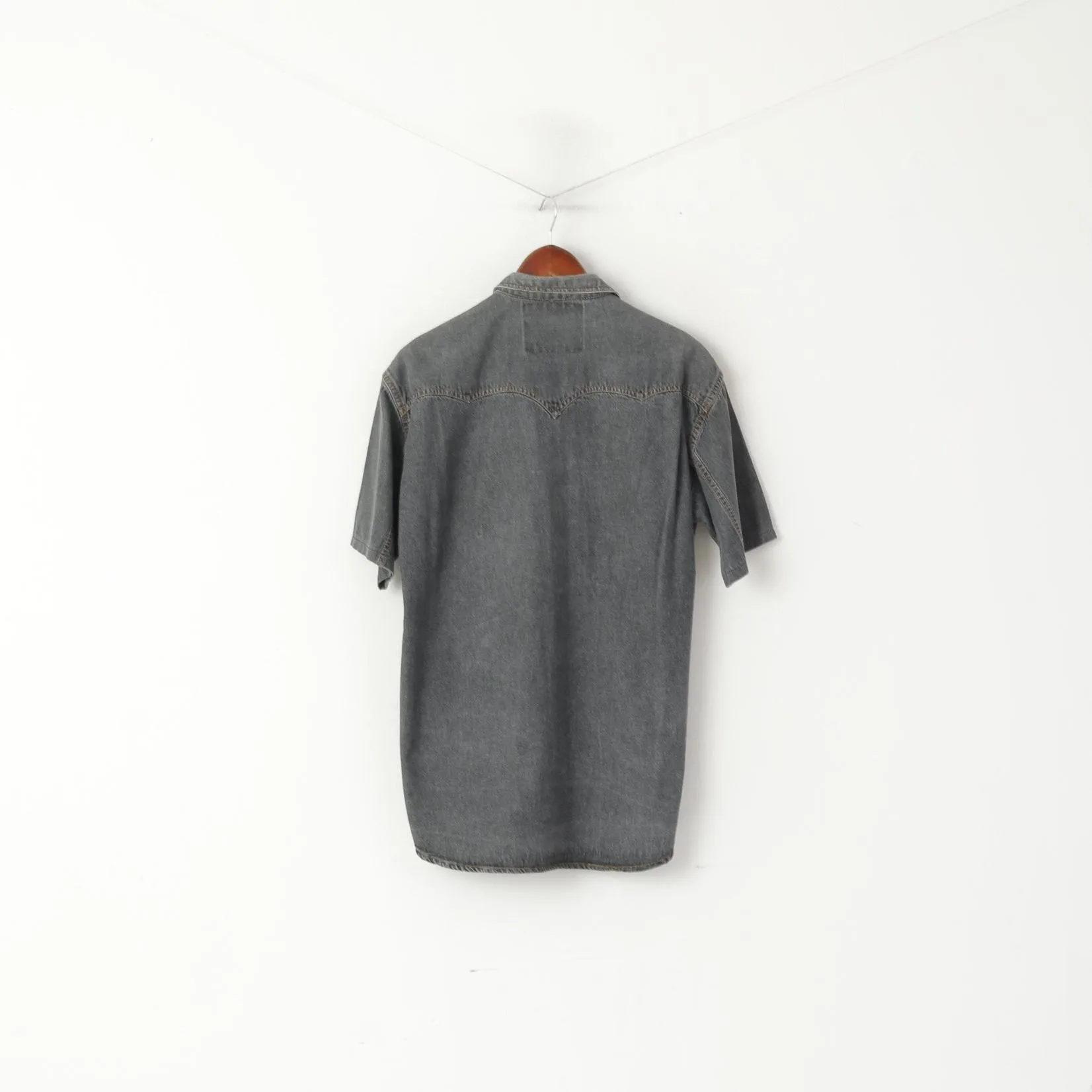 Chicanos Men M Casual Shirt Grey Denim Jeans Vintage Snap Western Cotton Top