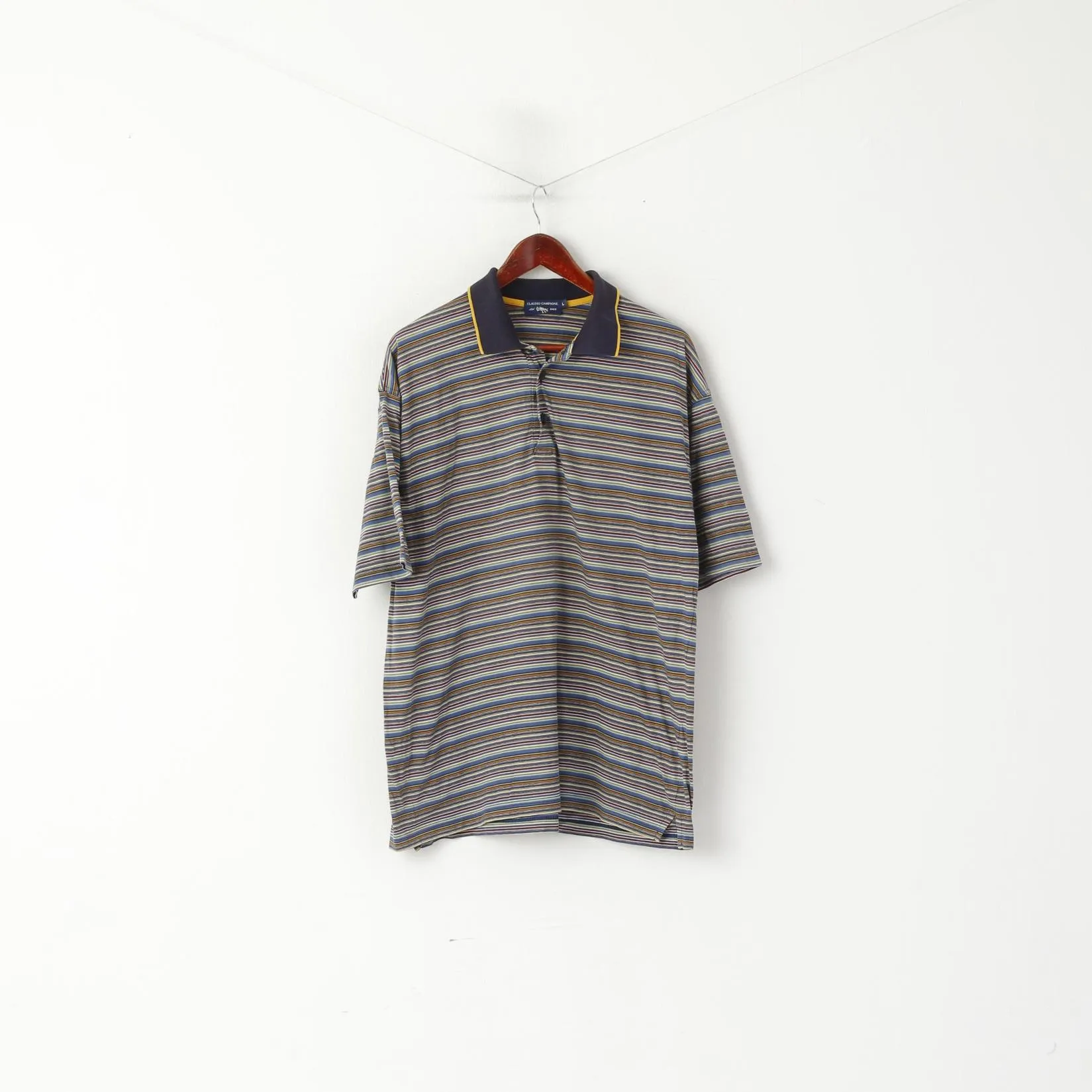 Claudio Campione Men L Polo Shirt Navy Striped Cotton Vintage Classic Retro Top