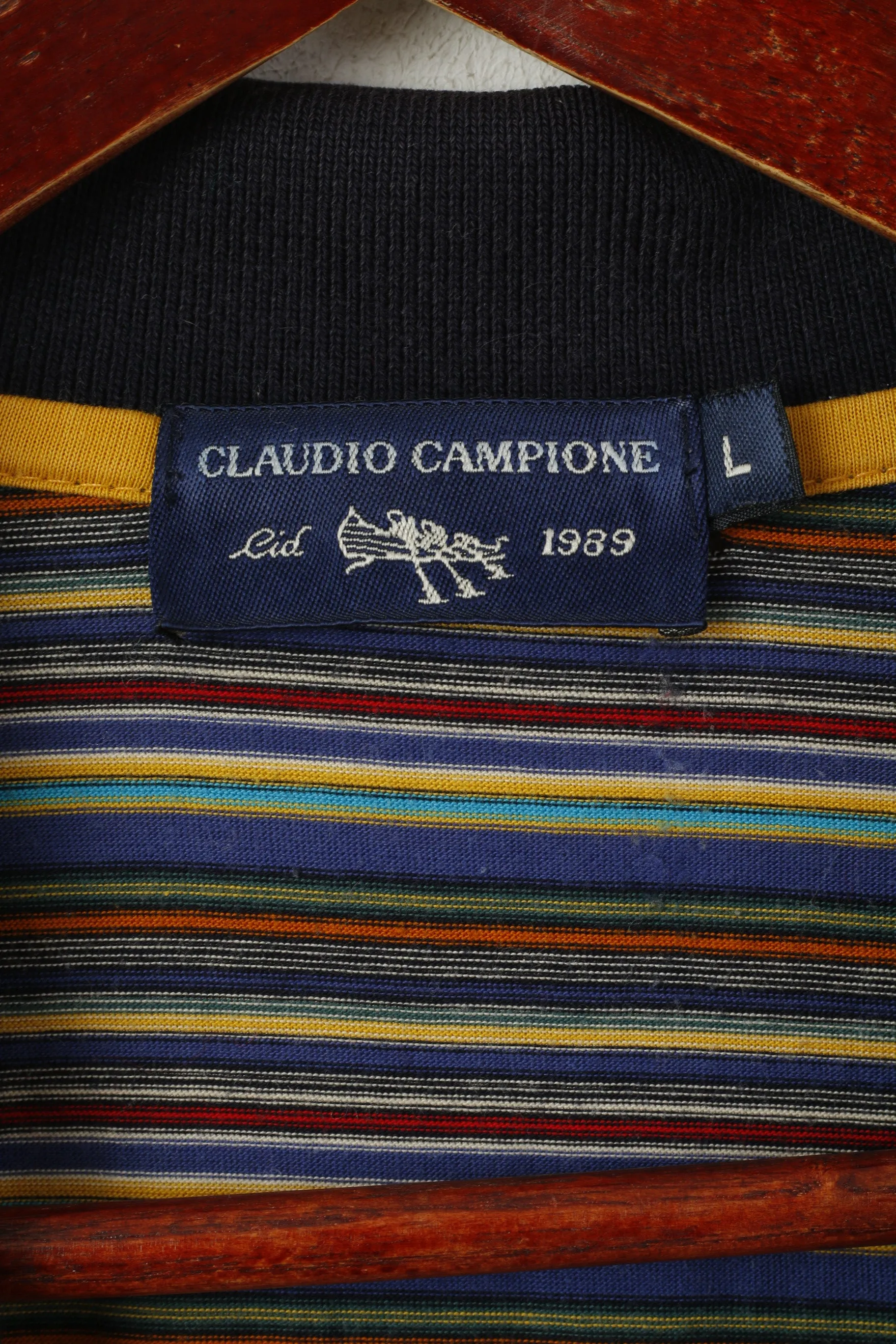 Claudio Campione Men L Polo Shirt Navy Striped Cotton Vintage Classic Retro Top