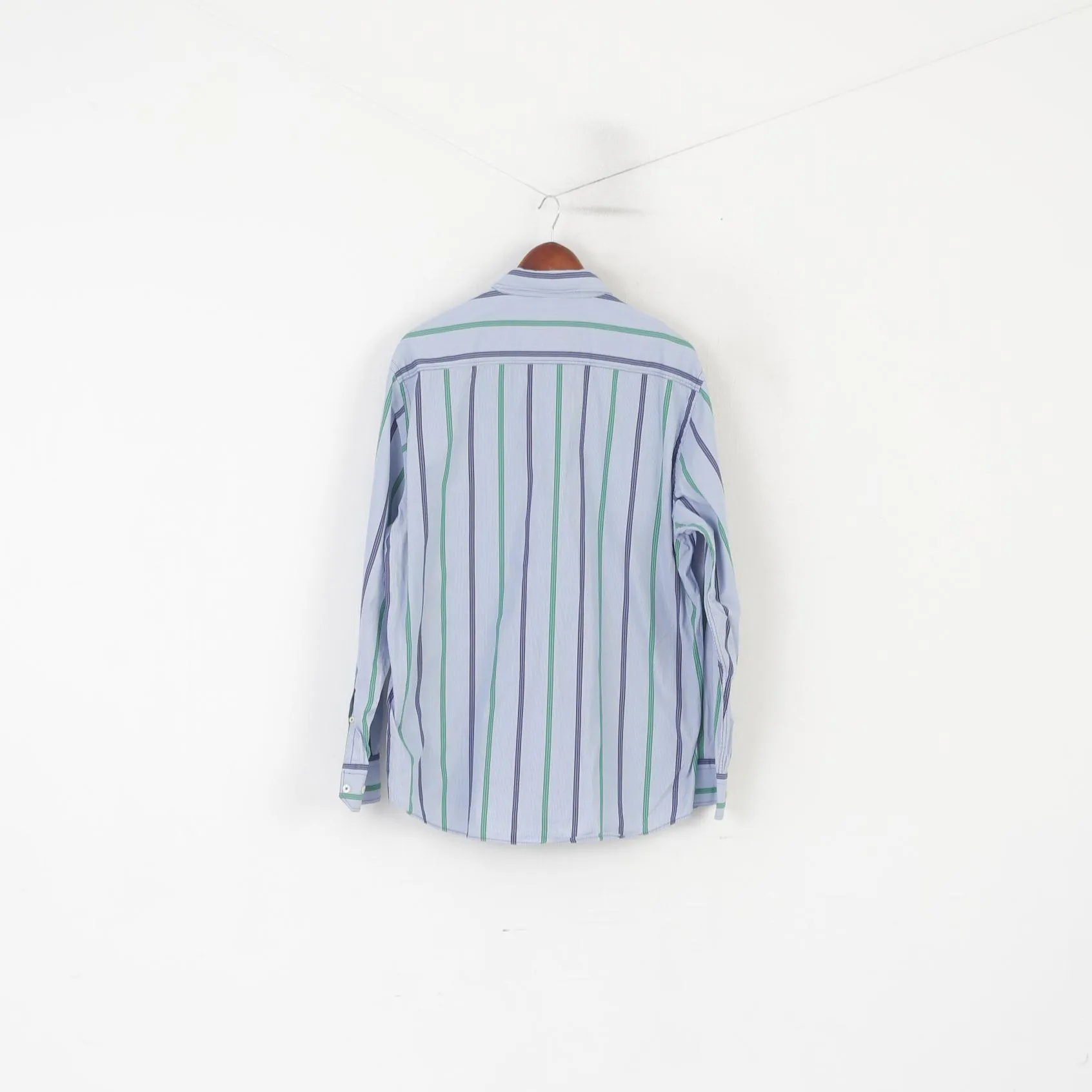 Claudio Campione Men XL Casual Shirt Blue Cotton Striped Regular Fit Super Compact Top
