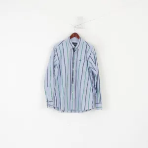 Claudio Campione Men XL Casual Shirt Blue Cotton Striped Regular Fit Super Compact Top