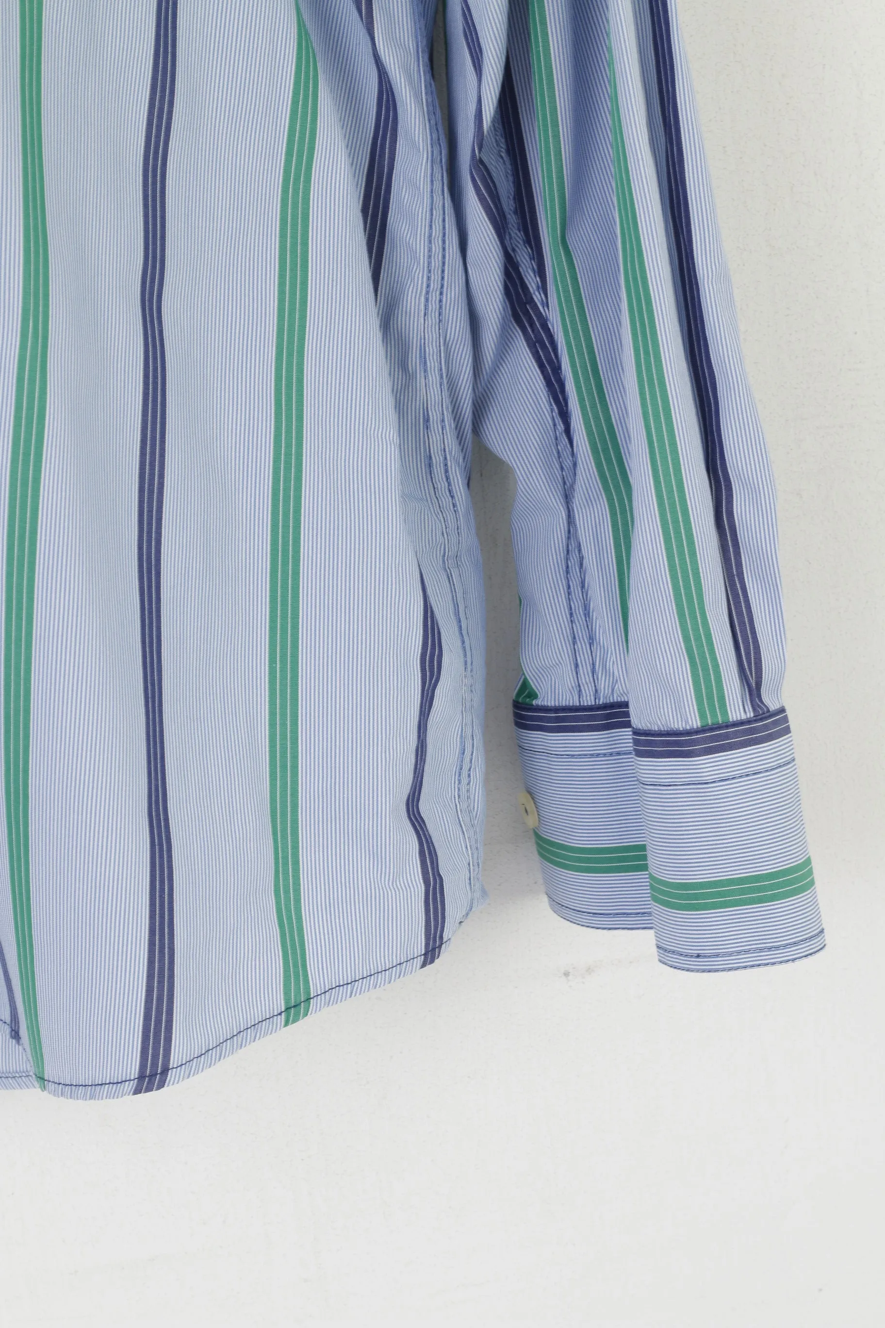 Claudio Campione Men XL Casual Shirt Blue Cotton Striped Regular Fit Super Compact Top