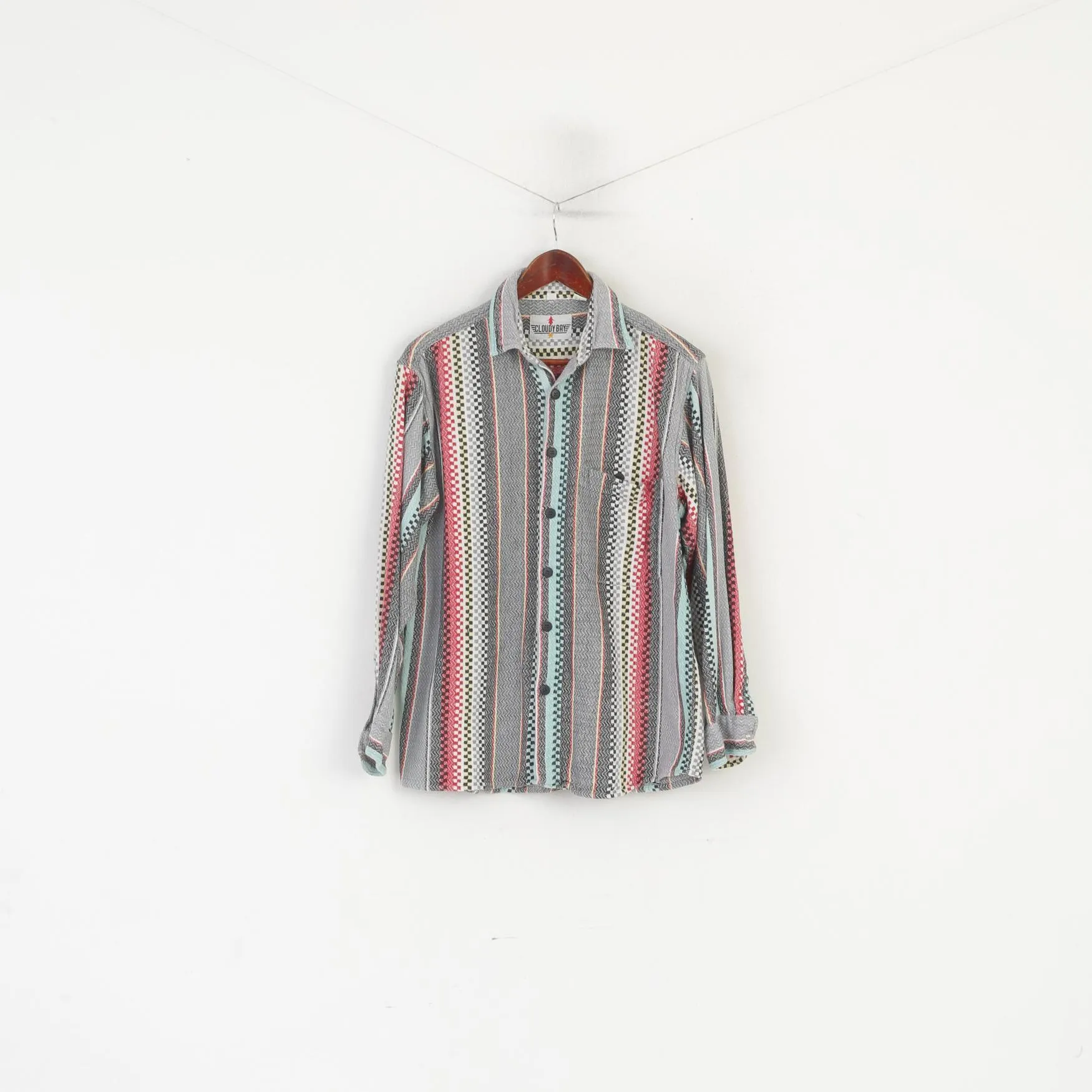Cloudy Bay Men 39 M Casual Shirt Gray Vintage Aztec Pocket Long Sleeve Top