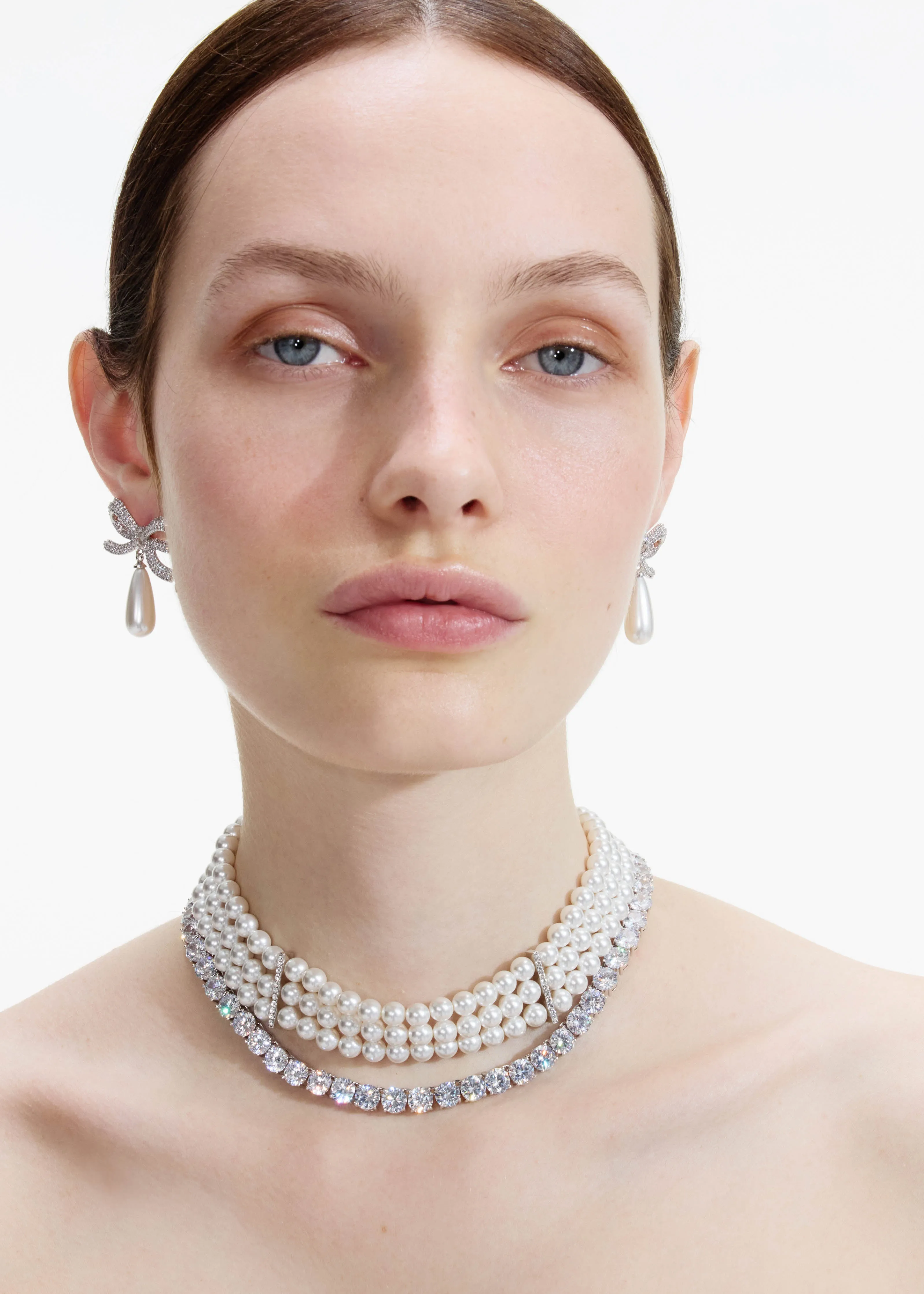 Crystal Bow Droplet Pearl Necklace Self Portrait