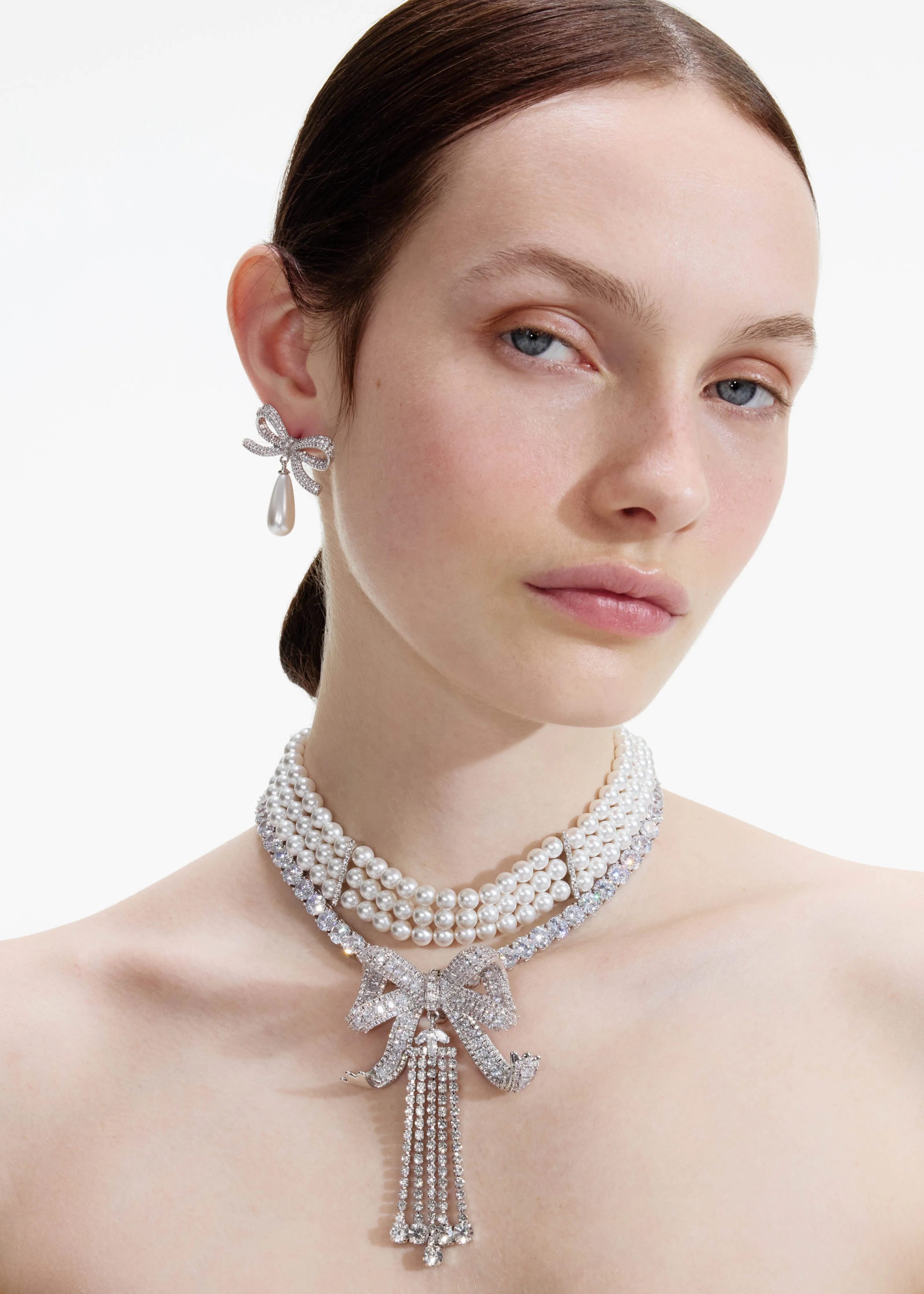 Crystal Bow Droplet Pearl Necklace Self Portrait