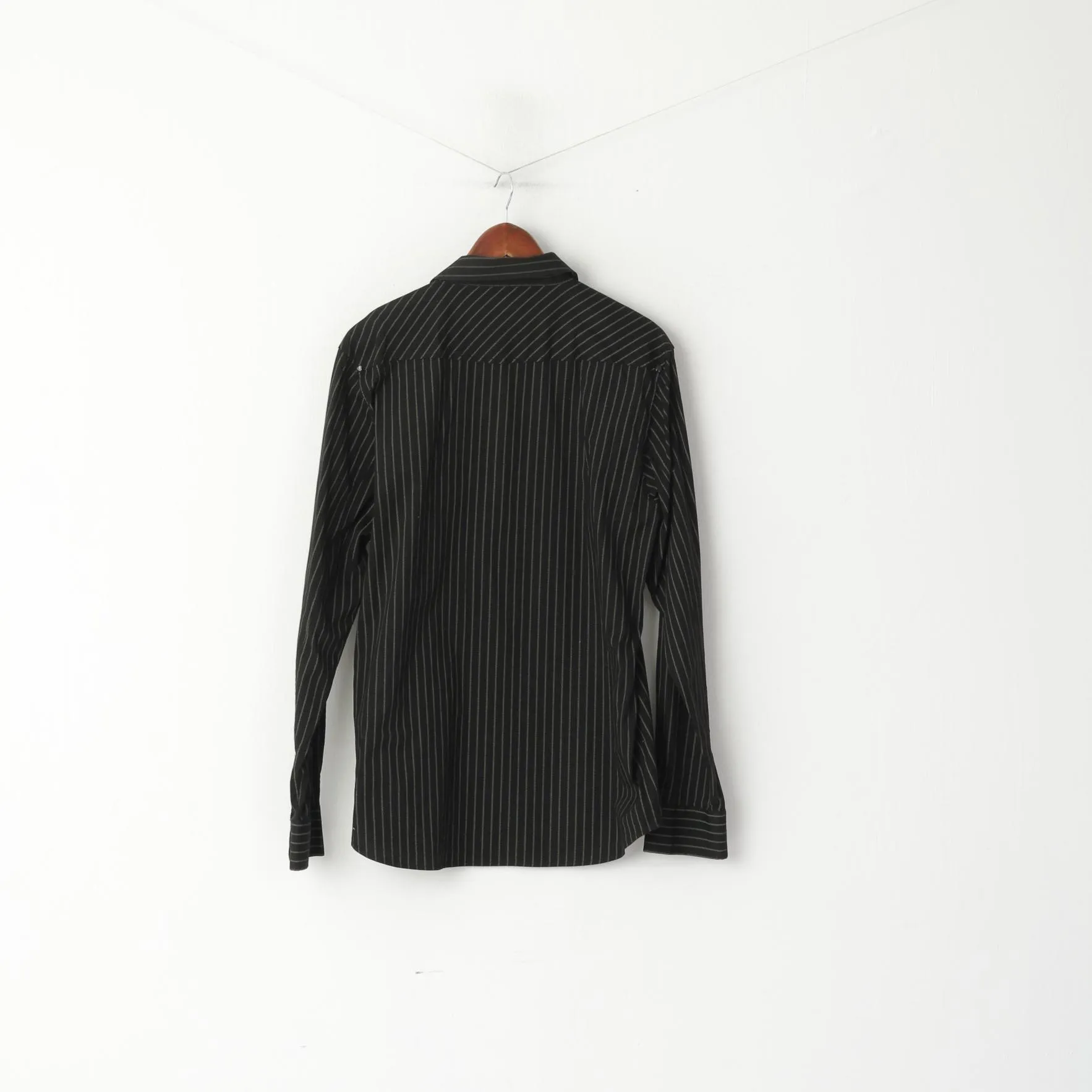 DC Men L Casual Shirt Black Green Striped Cotton Snap Stretch Long Sleeve Top
