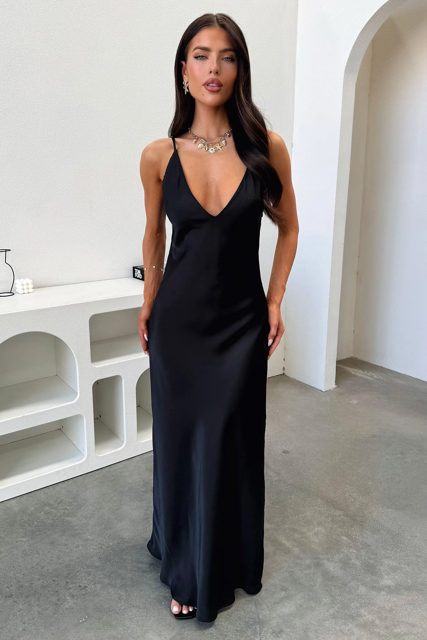 Delilah V-Neck Satin Maxi Dress - Black