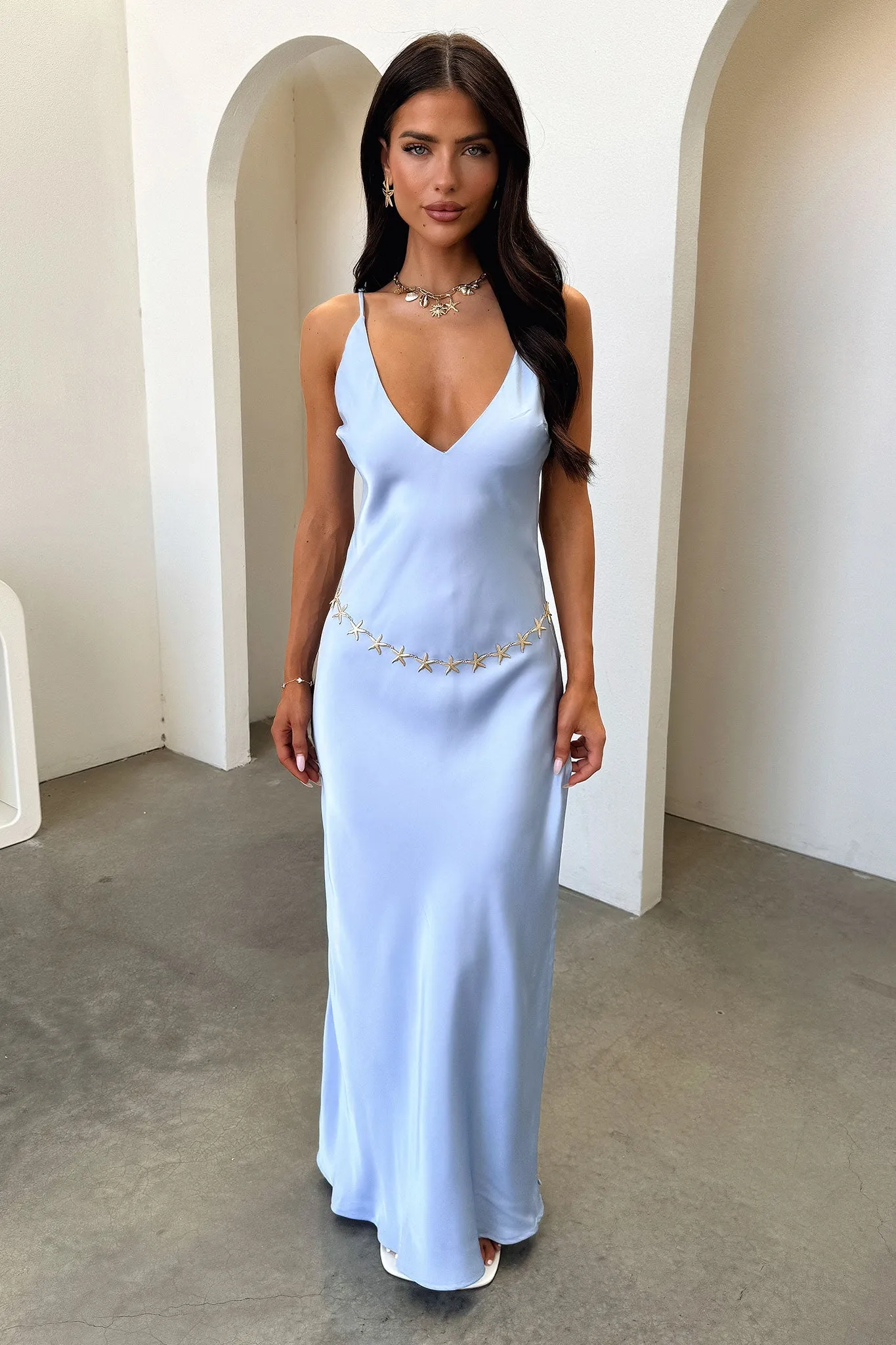Delilah V-Neck Satin Maxi Dress - Blue