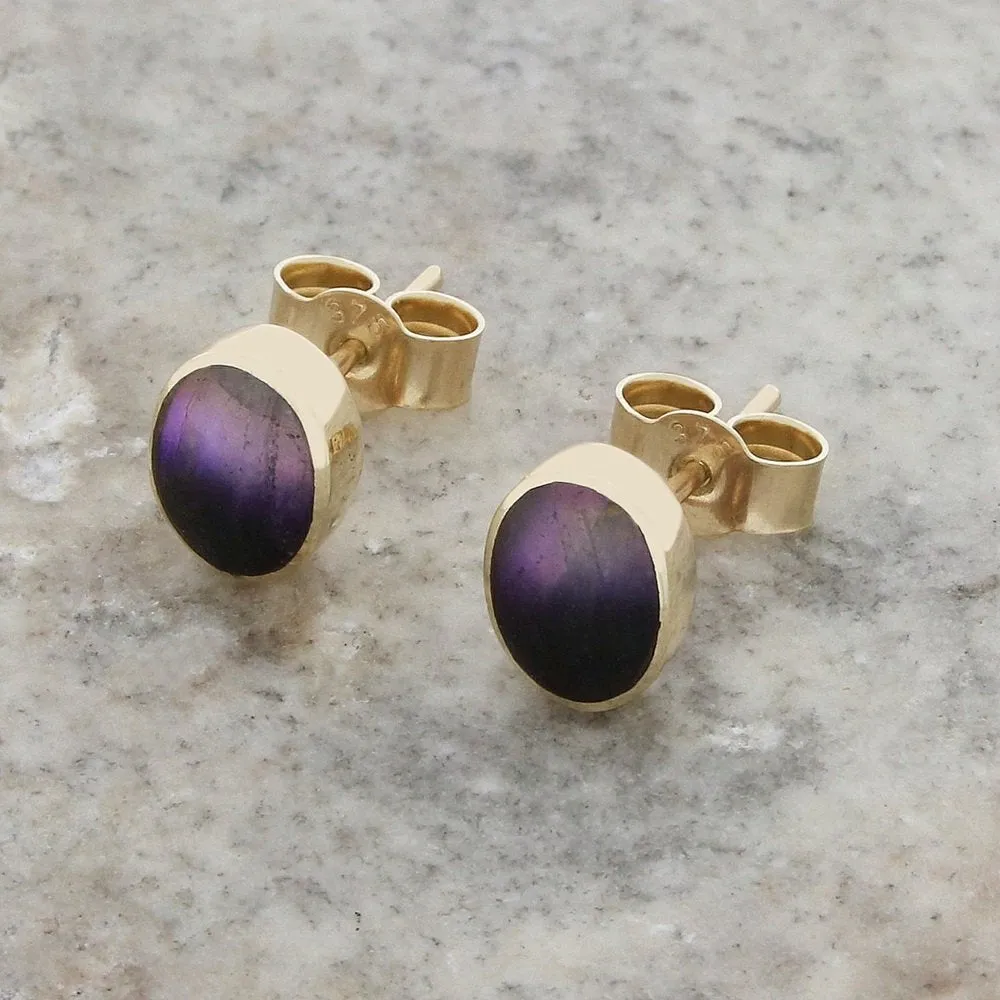 Derbyshire Blue John 9ct Yellow Gold Oval Stud Earrings