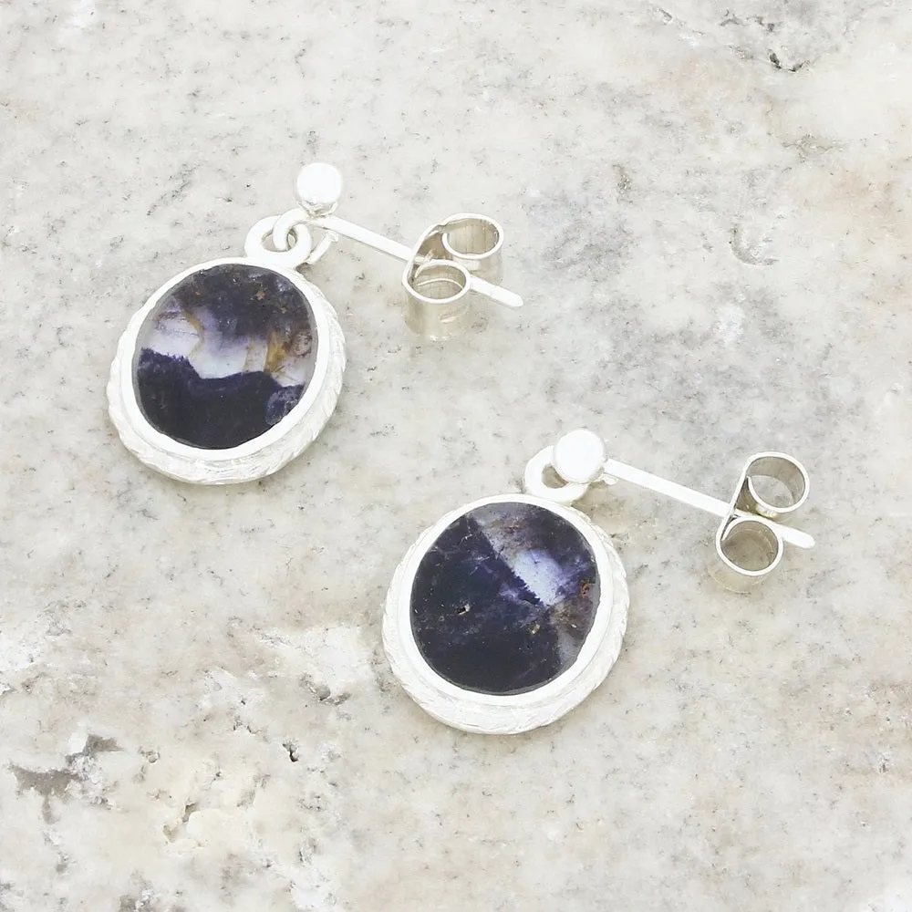 Derbyshire Blue John Sterling Silver Filigree Oval Drop Earrings