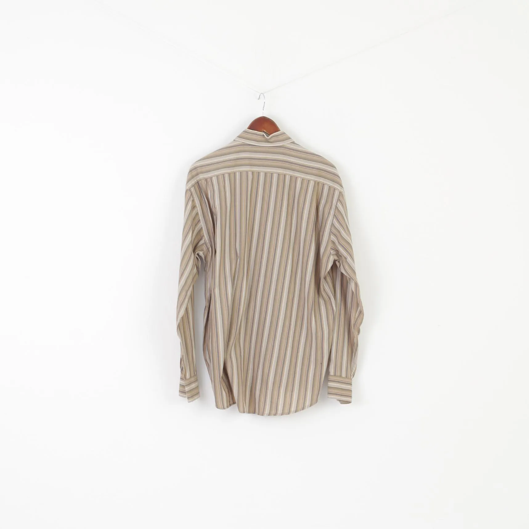 Dubbin & Hollinshead Men XL Casual Shirt Beige Striped Cotton Long Sleeve Retro Top