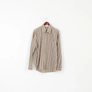 Dubbin & Hollinshead Men XL Casual Shirt Beige Striped Cotton Long Sleeve Retro Top