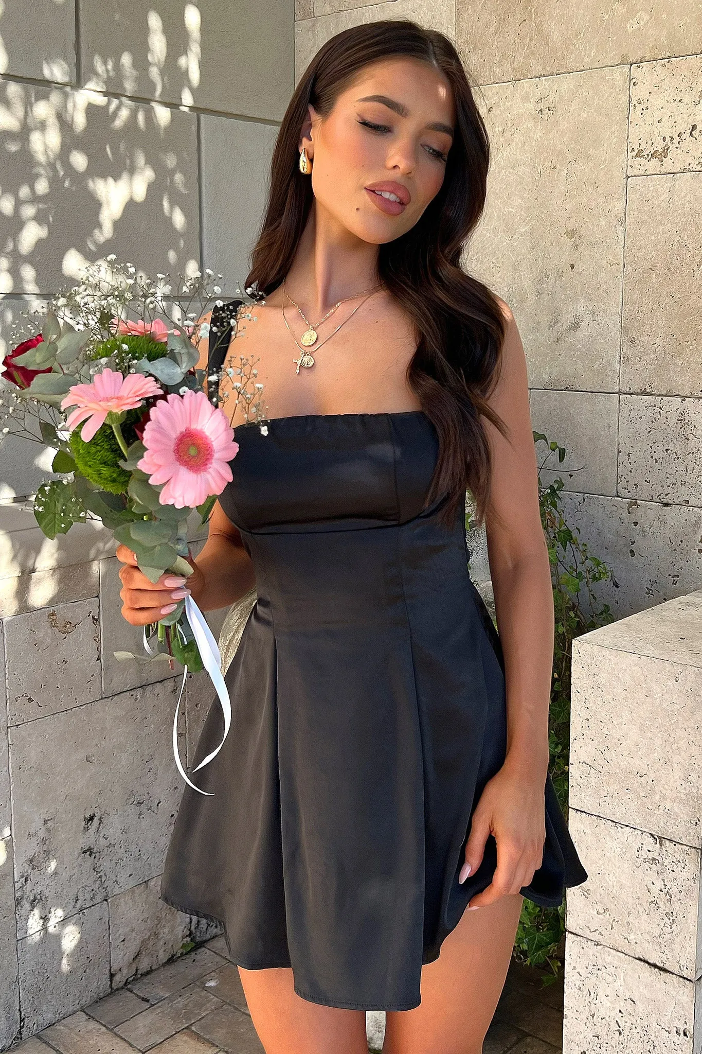 Edina Satin Mini Dress - Black